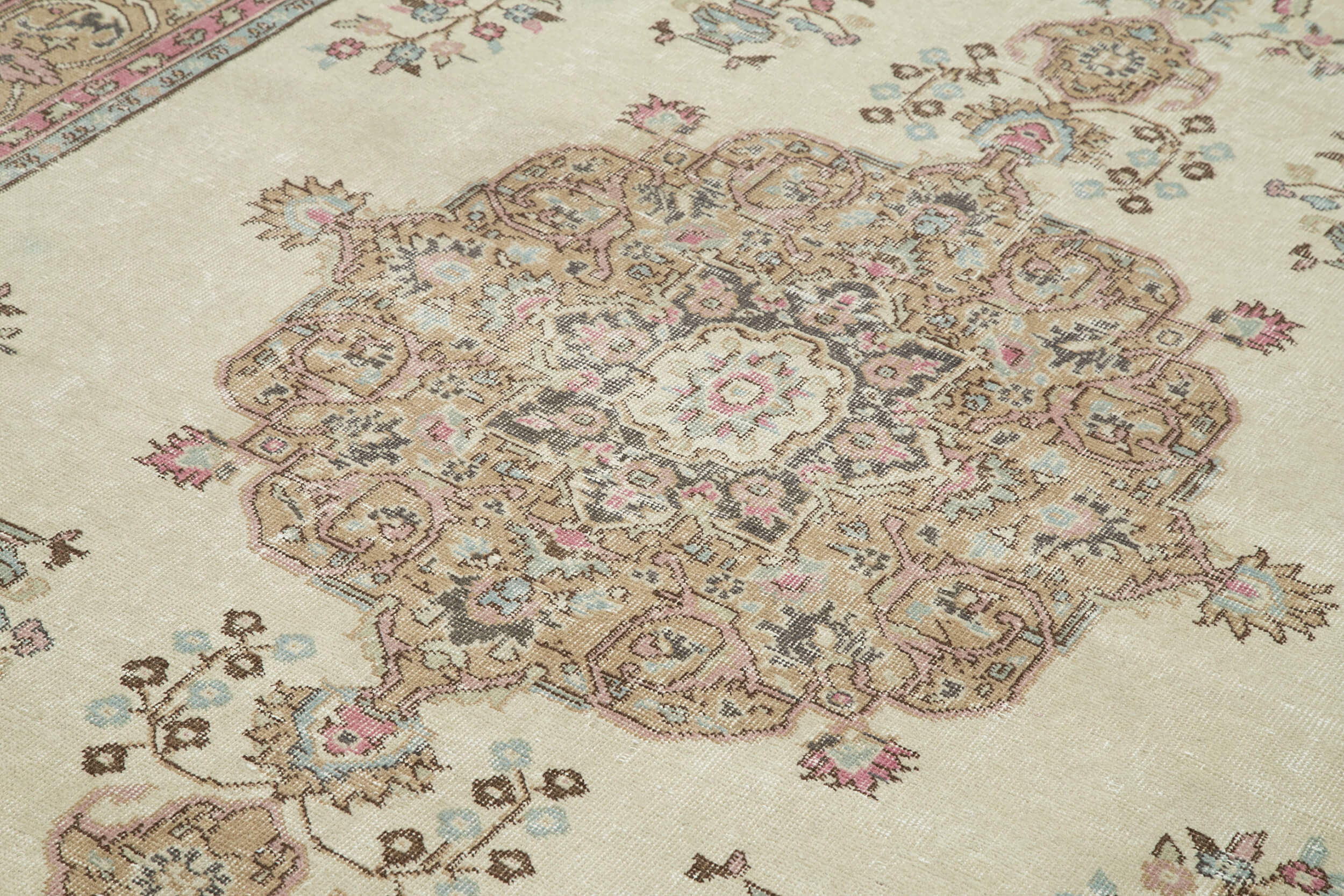 Handmade Wool Area Rug - Vintage Cotton Rug 6x10 Feet | Neutral Beige Antique Style