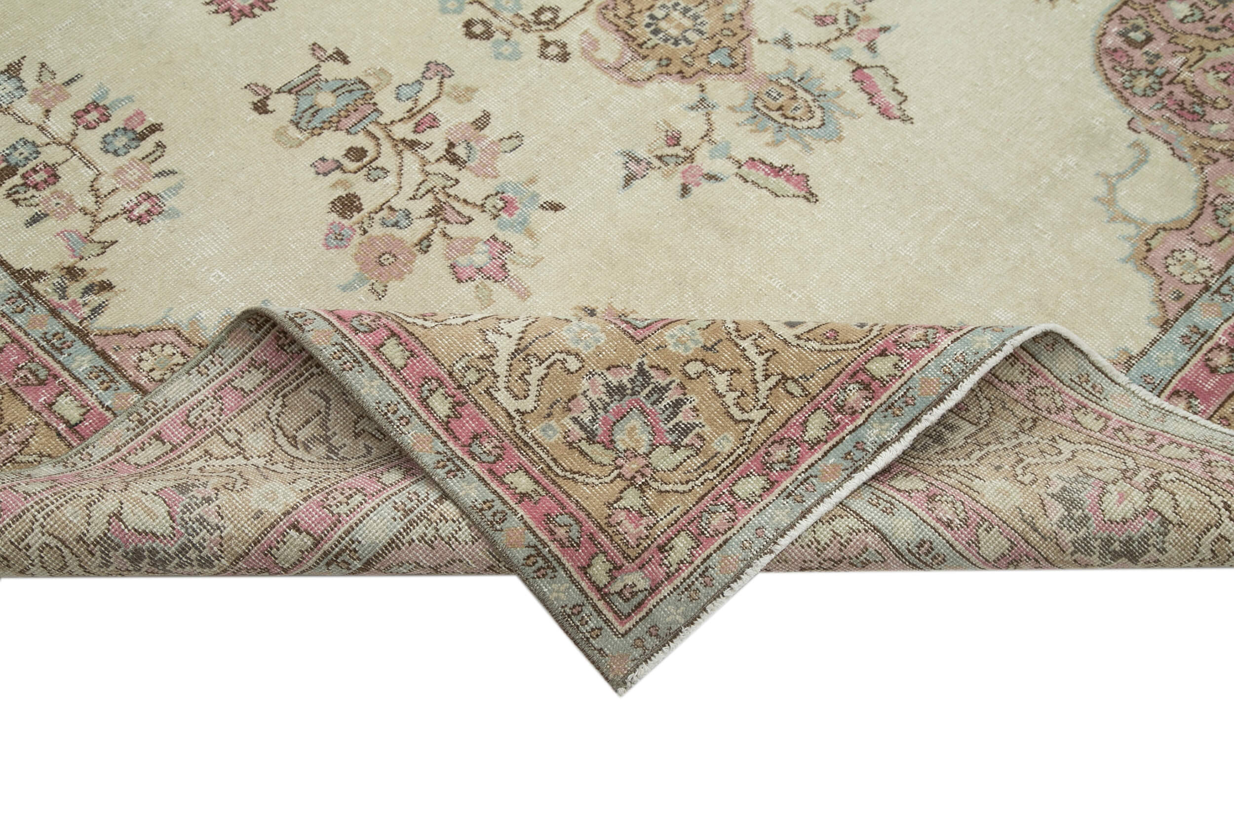 Handmade Wool Area Rug - Vintage Cotton Rug 6x10 Feet | Neutral Beige Antique Style