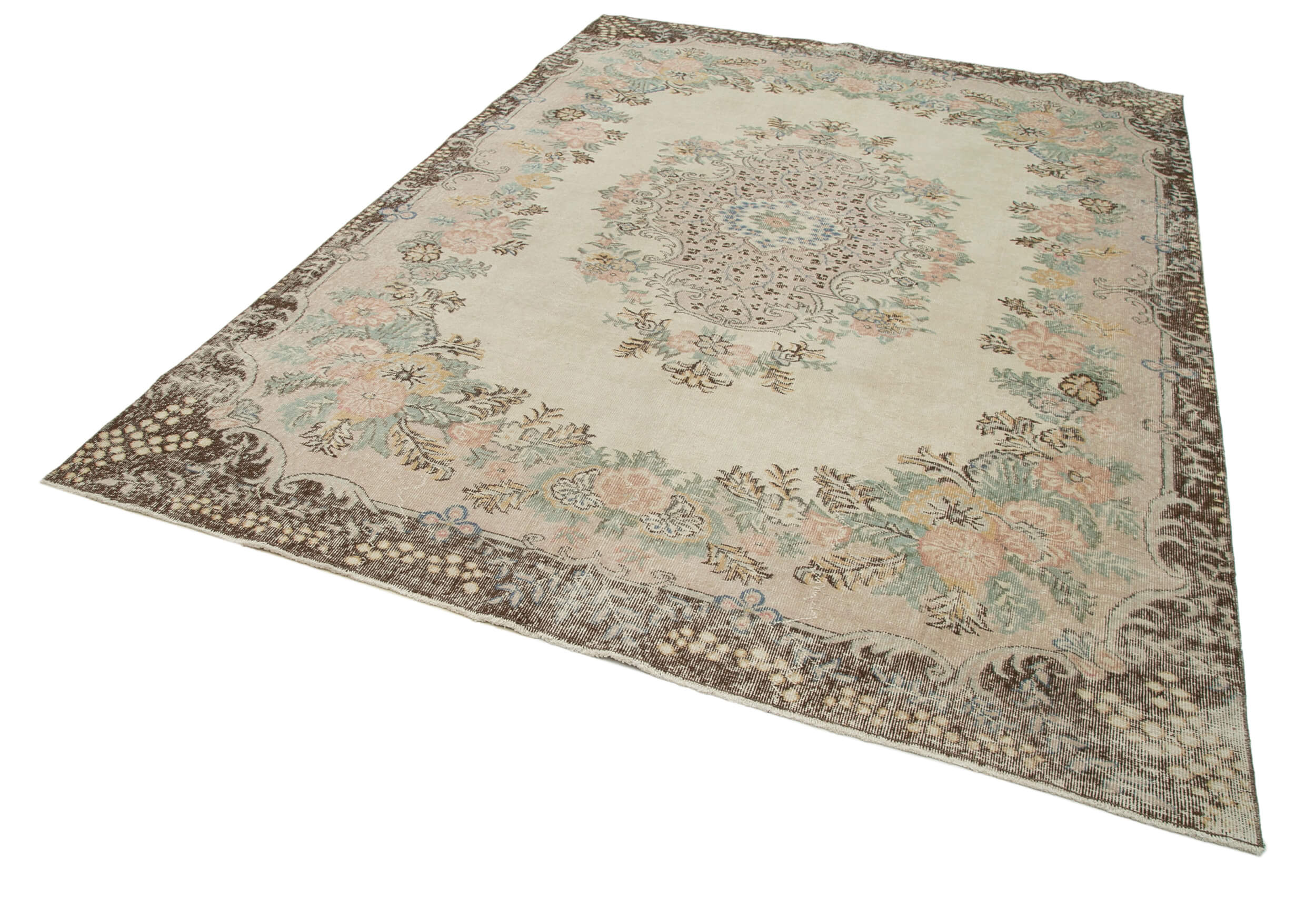 Handmade Wool Area Rug - Vintage Cotton Rug 7'0''x9'8'' Beige Traditional Carpet