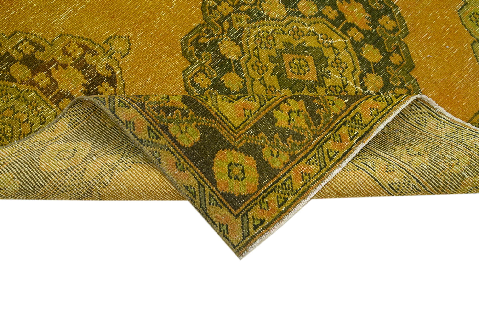 Vintage Cotton Wool Rug - Handmade Turkish Wool Carpet 4'11''x12'3'' Yellow