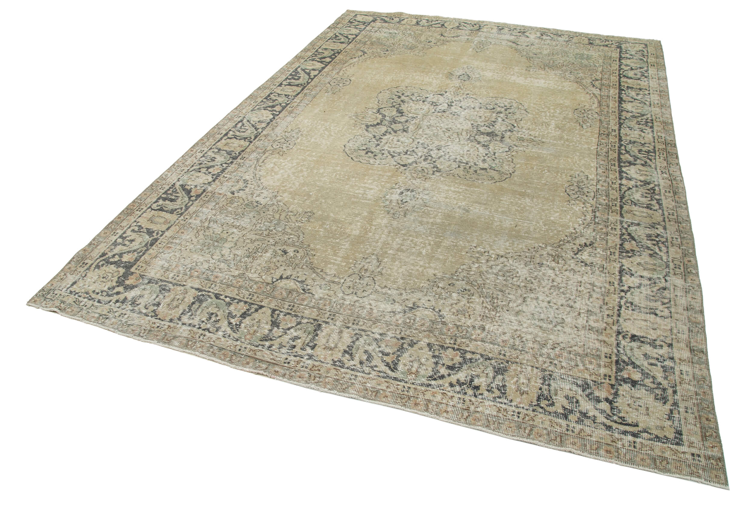Handmade Wool Area Rug – Vintage Cotton Rug, Neutral Beige, 6'9''x10'2''