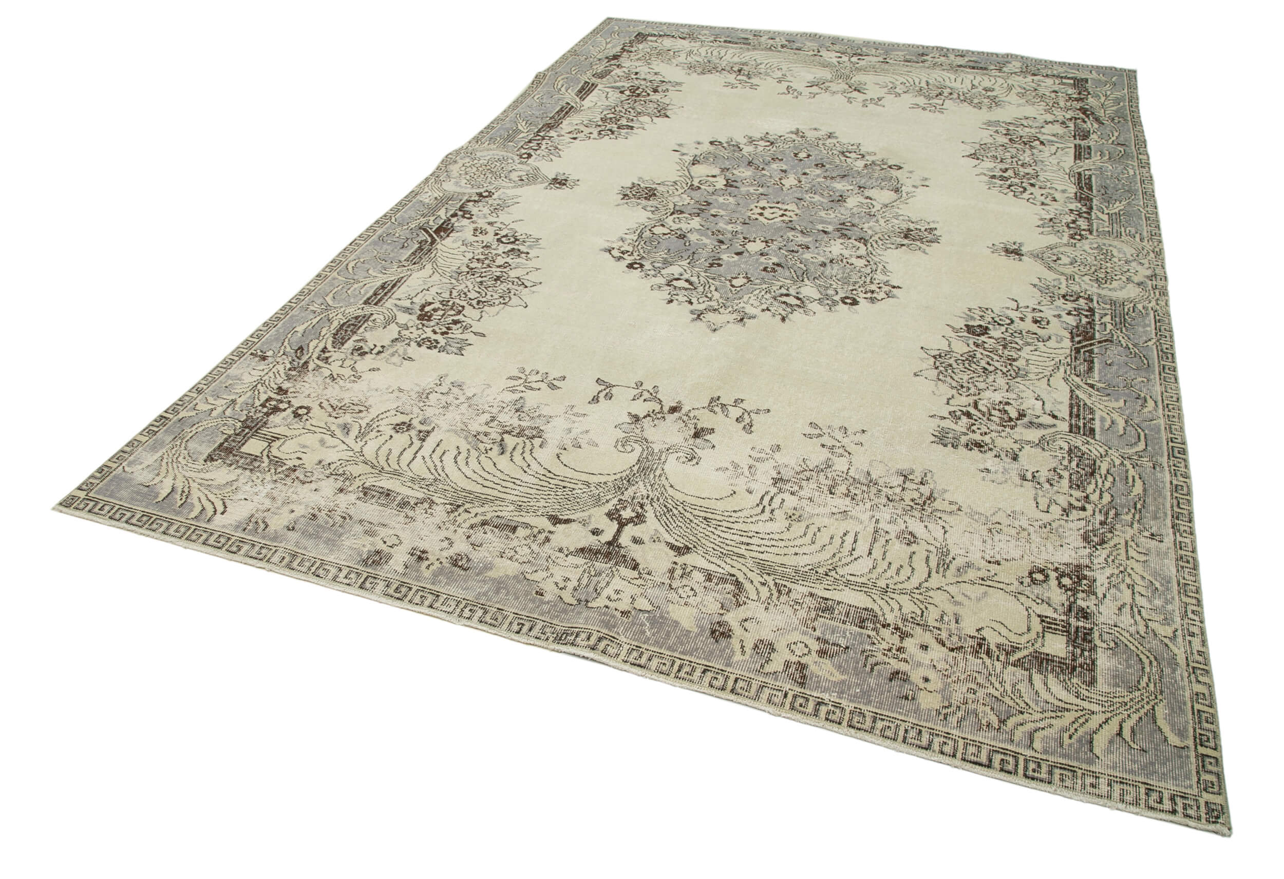 Handmade Wool Area Rug – Vintage Cotton Rug, Neutral Beige, 6'11'' x 10'8''