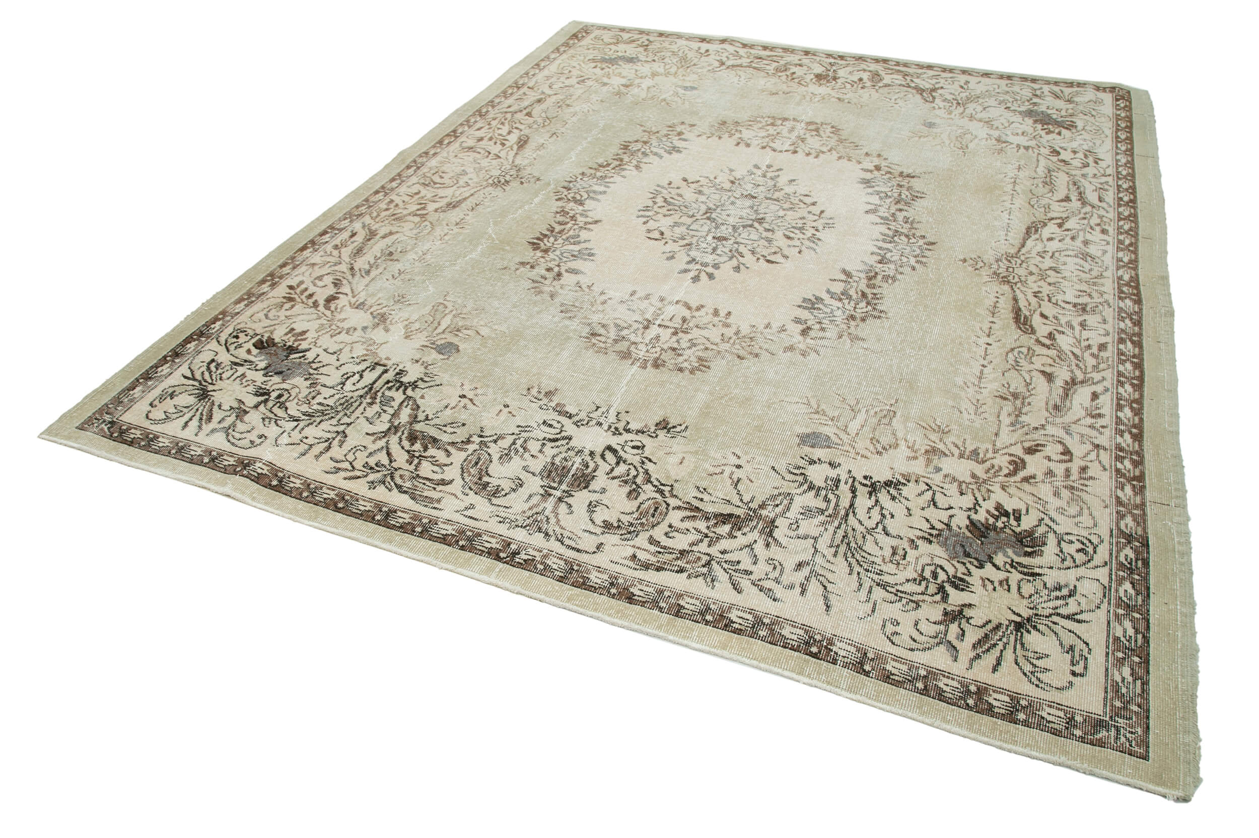 Handmade Wool Area Rug - Vintage Cotton Rug, Beige Area Carpet 7'3''x9'6''