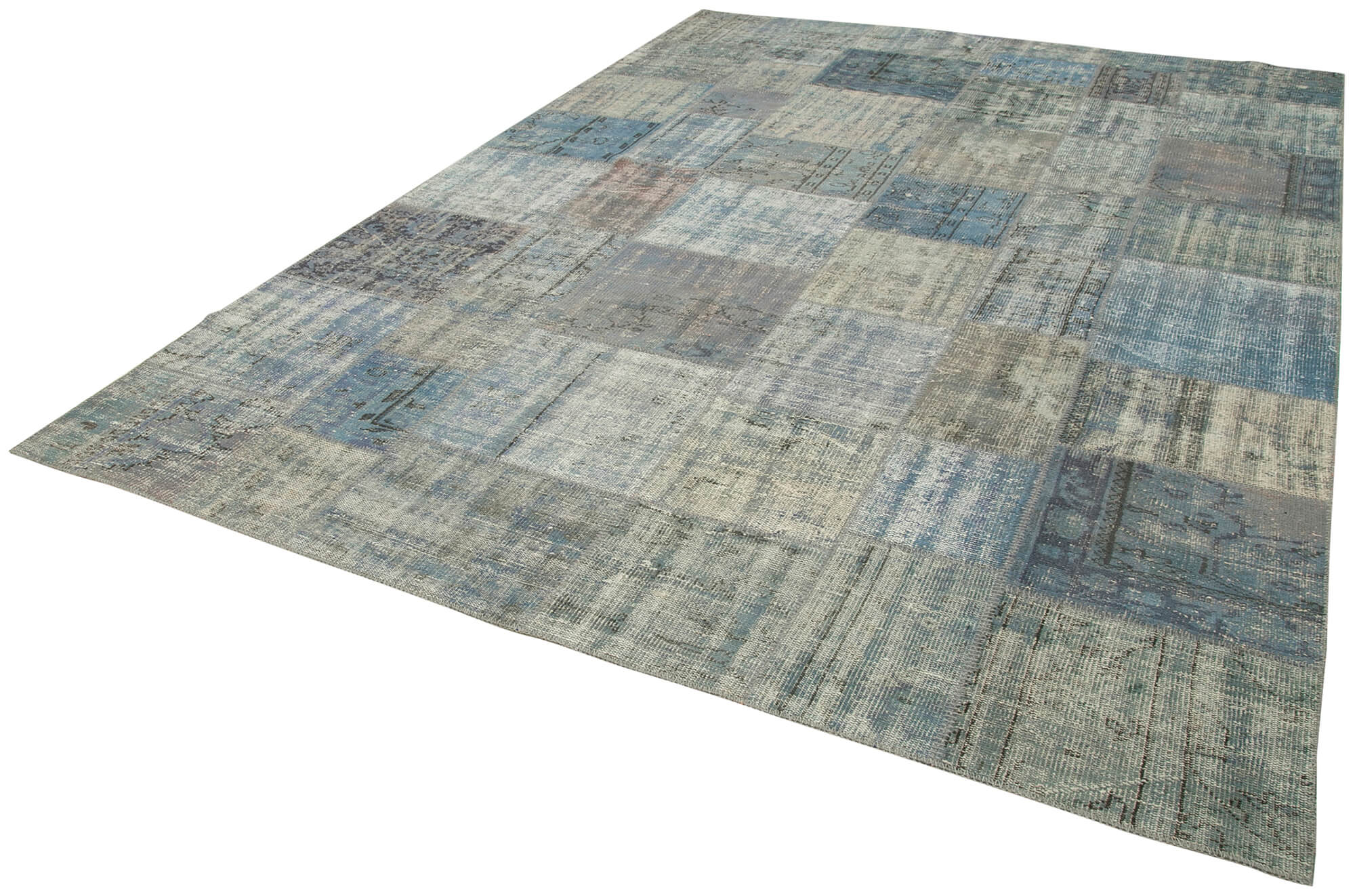 Handmade Area Rug - Blue Patchwork Cotton Wool Vintage Turkish Carpet 8'2''x11'6''