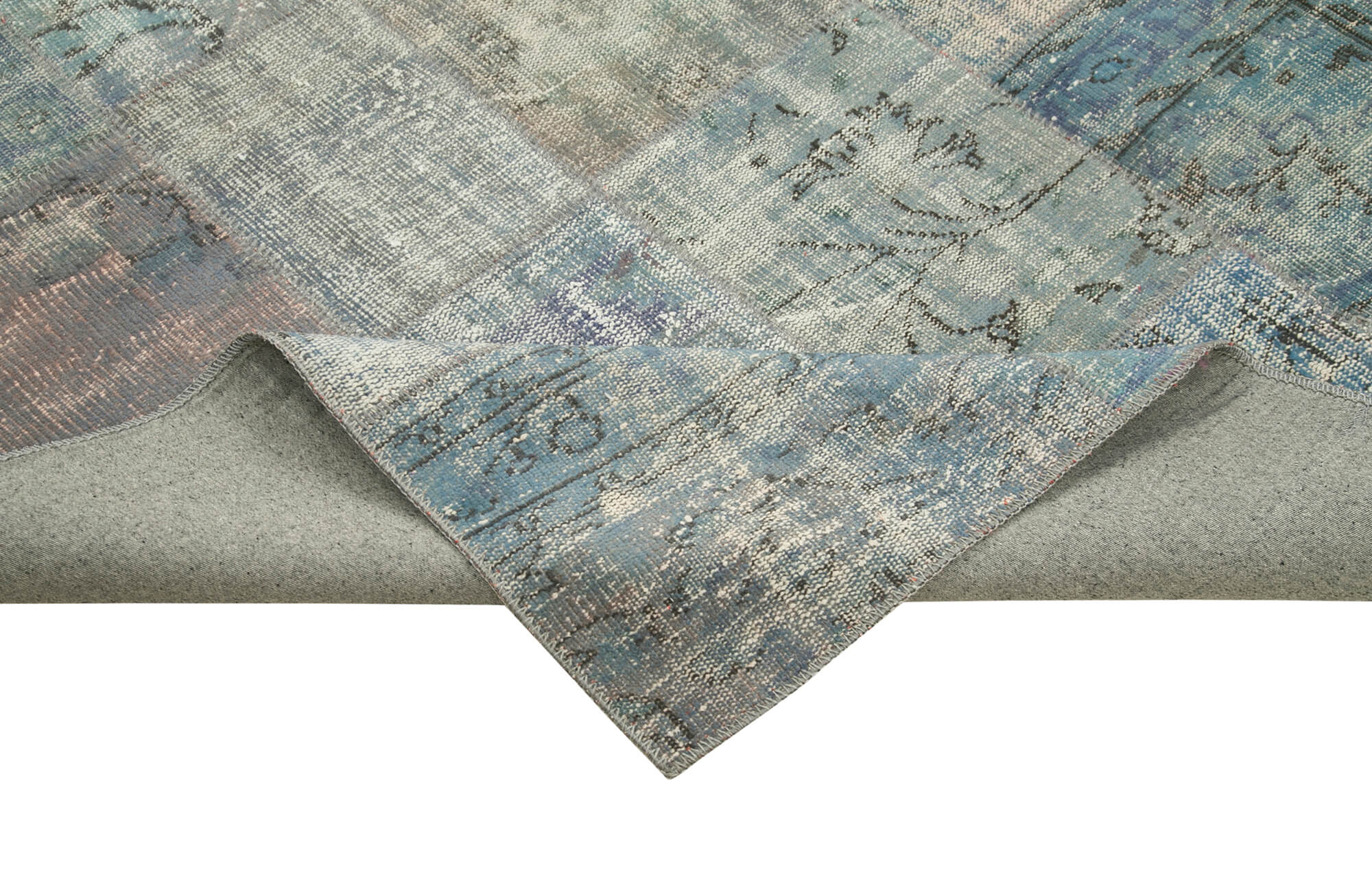 Handmade Area Rug - Blue Patchwork Cotton Wool Vintage Turkish Carpet 8'2''x11'6''