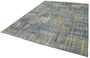 Handmade Patchwork Rug - Blue Area Rug Cotton Wool Vintage Handwoven Carpet 7'10"x10'11"