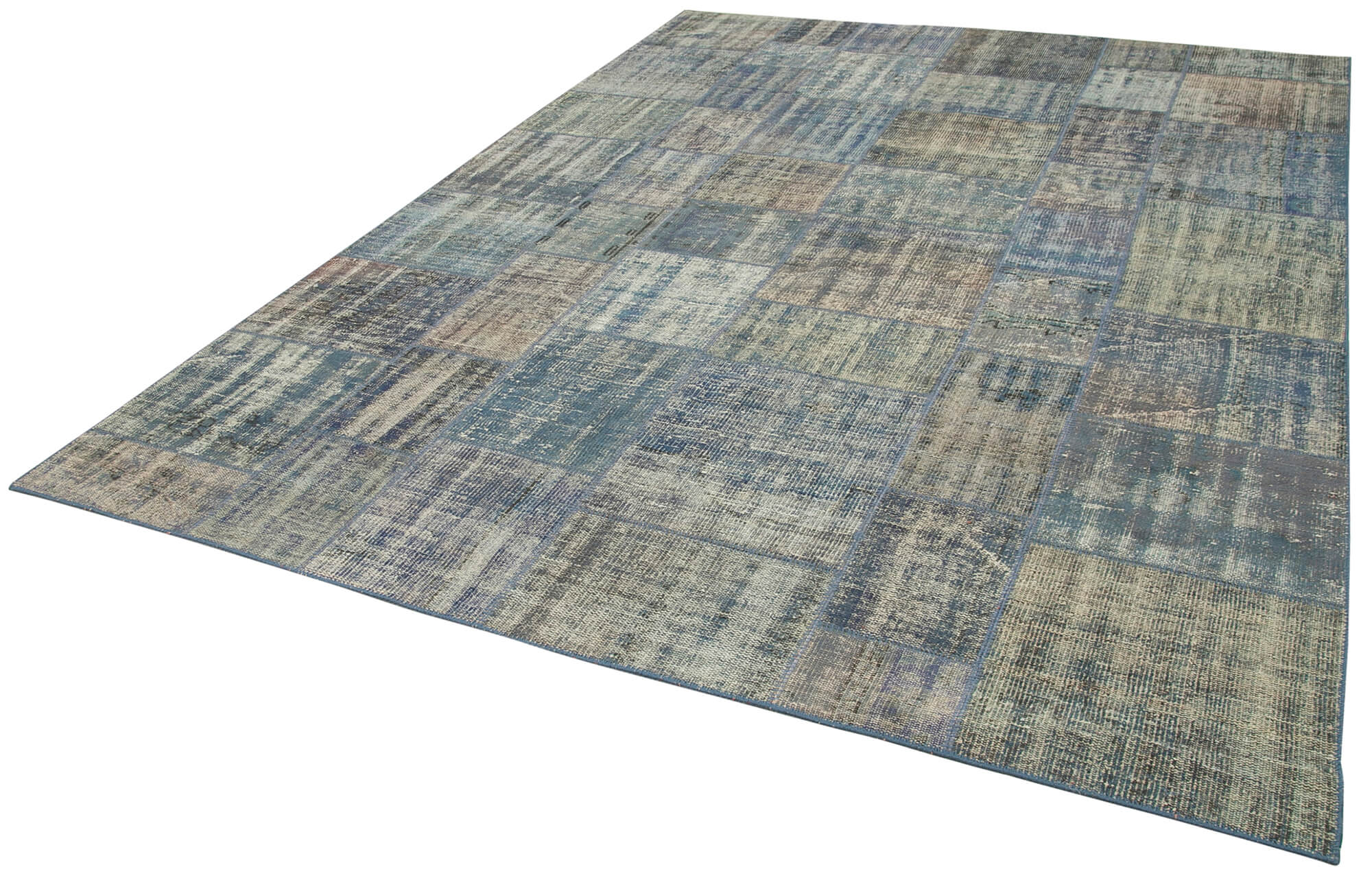 Handmade Patchwork Rug - Blue Area Rug Cotton Wool Vintage Handwoven Carpet 7'10"x10'11"