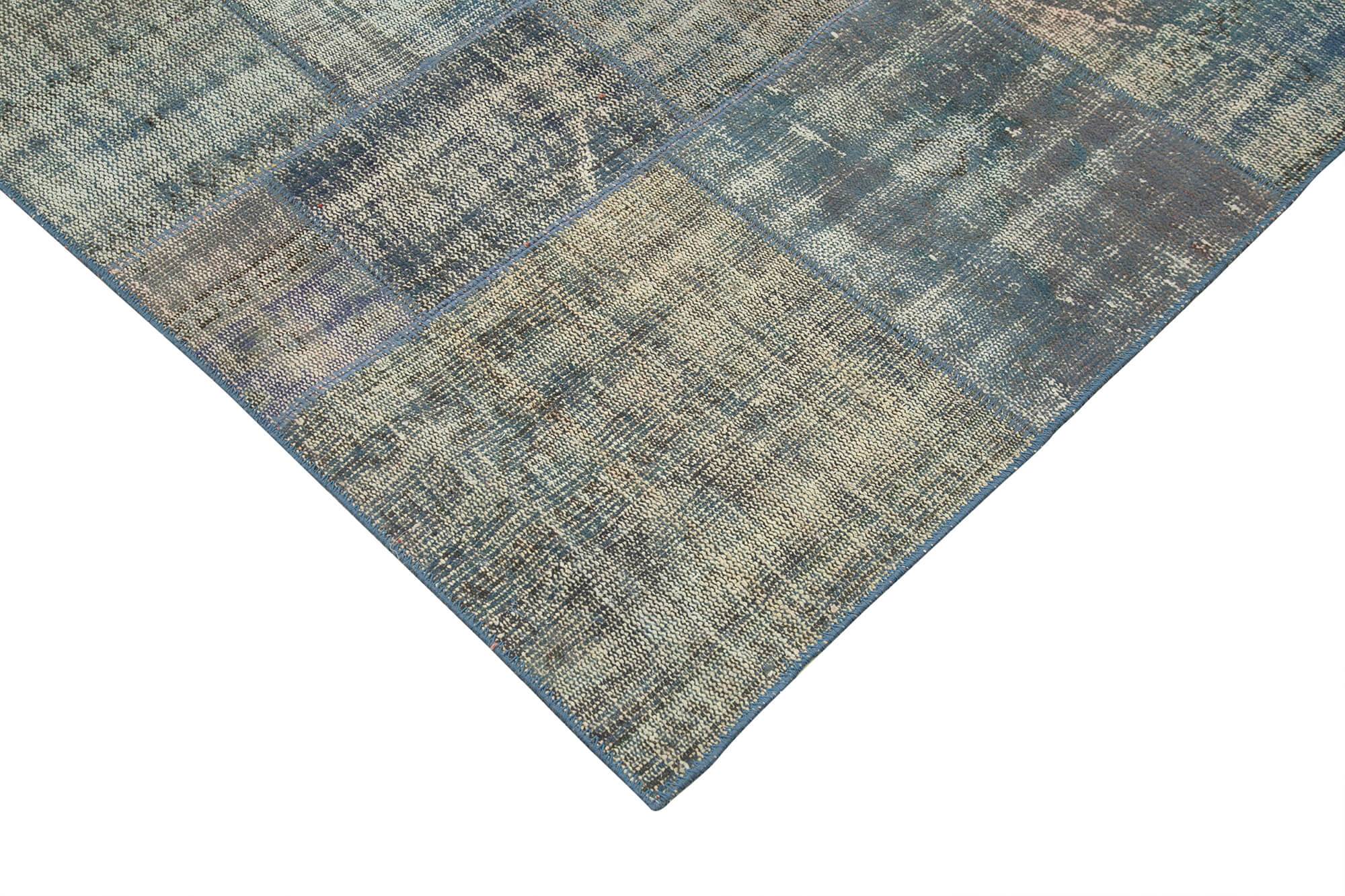 Handmade Patchwork Rug - Blue Area Rug Cotton Wool Vintage Handwoven Carpet 7'10"x10'11"