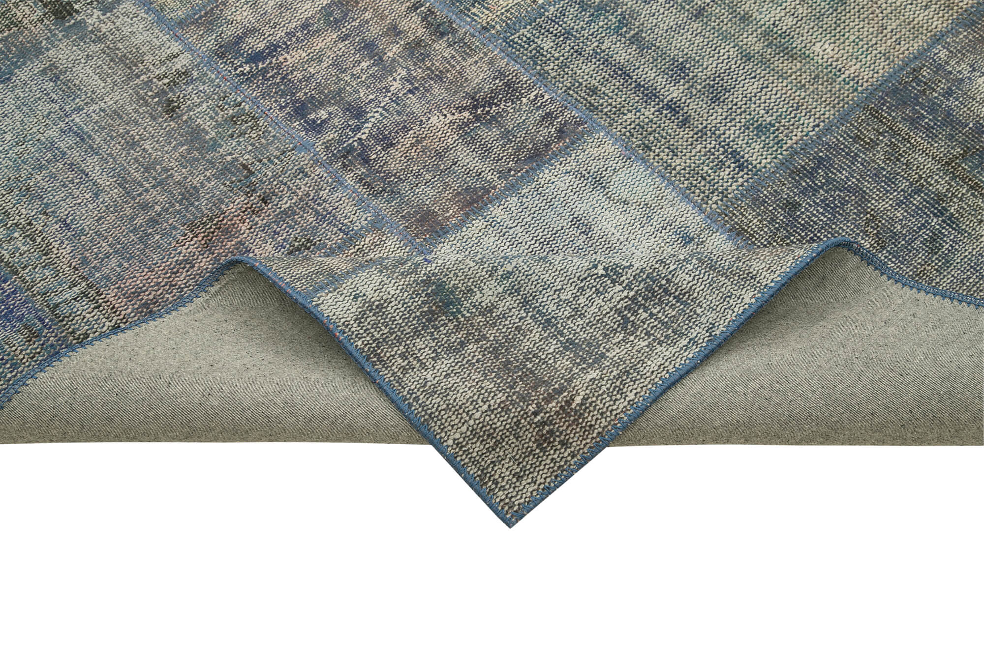 Handmade Patchwork Rug - Blue Area Rug Cotton Wool Vintage Handwoven Carpet 7'10"x10'11"