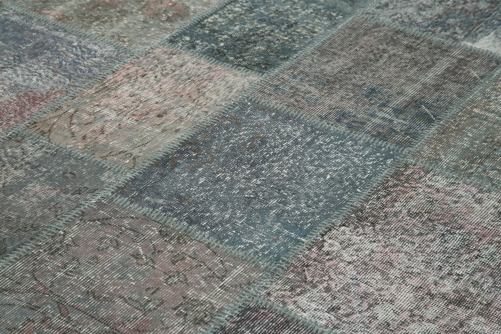 Handmade Area Rug - Blue Patchwork Cotton Wool Vintage Turkish Carpet 8'4''x11'7''