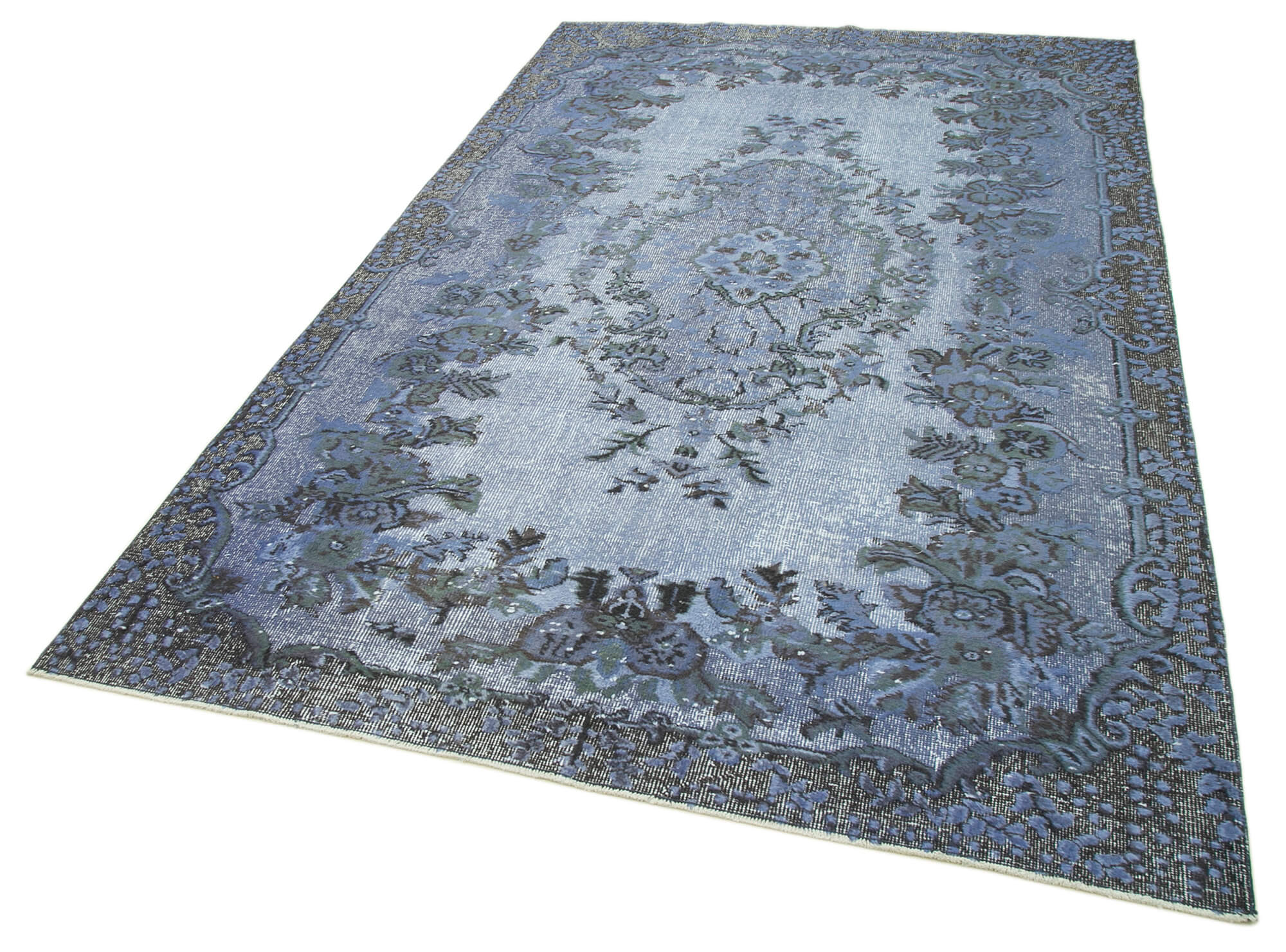 Vintage Handmade Area Rug – Blue Turkish Wool Cotton Blend, Hand Woven Rug 5'9''x9'4''