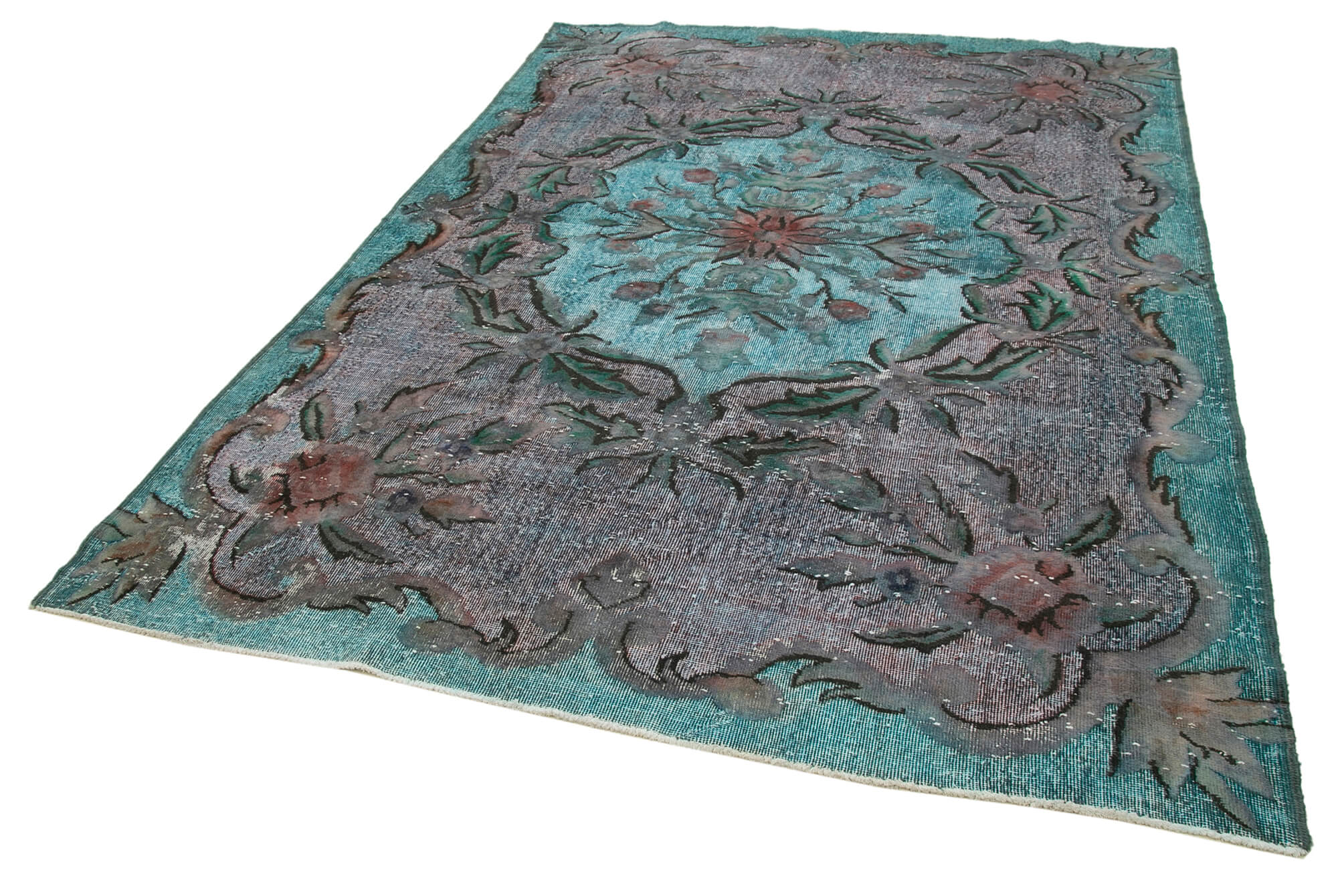 Vintage Handmade Area Rug - Turquoise Cotton Wool Hand Knotted Rug 6'8''x9'8''