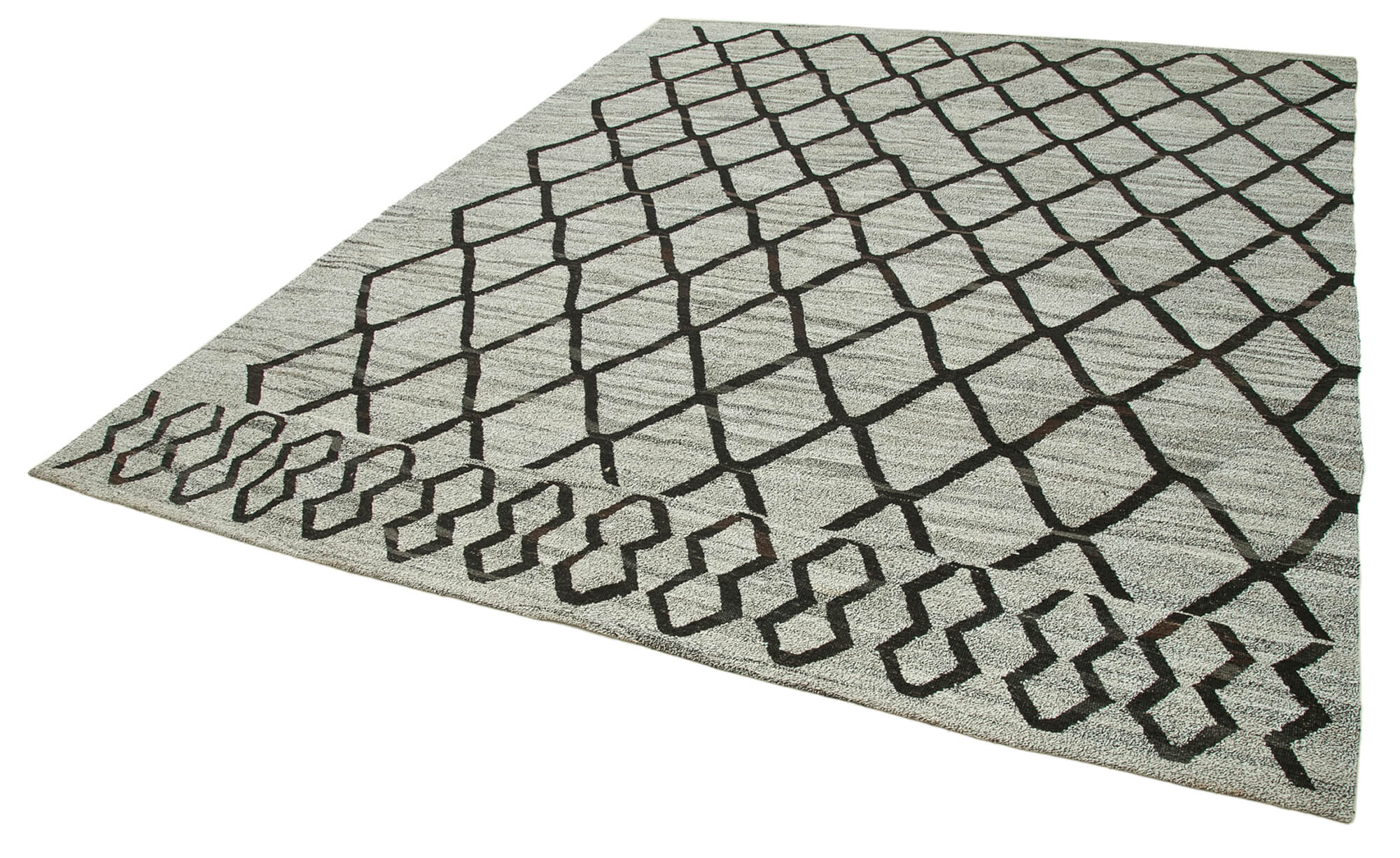 Handmade Area Rug – Grey Geometric Cotton Wool Vintage Hand Woven Carpet 8'2''x9'9''
