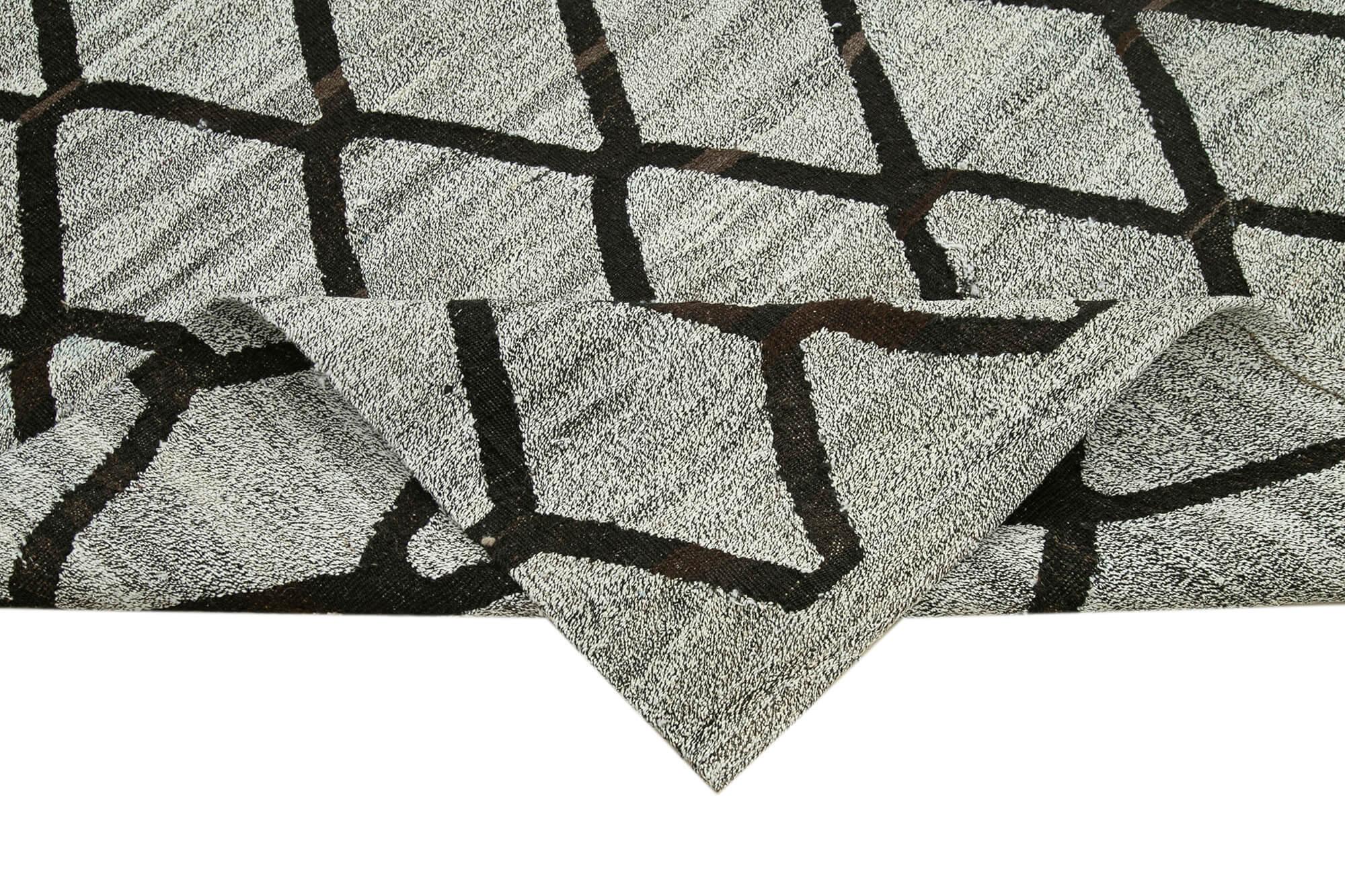 Handmade Area Rug – Grey Geometric Cotton Wool Vintage Hand Woven Carpet 8'2''x9'9''
