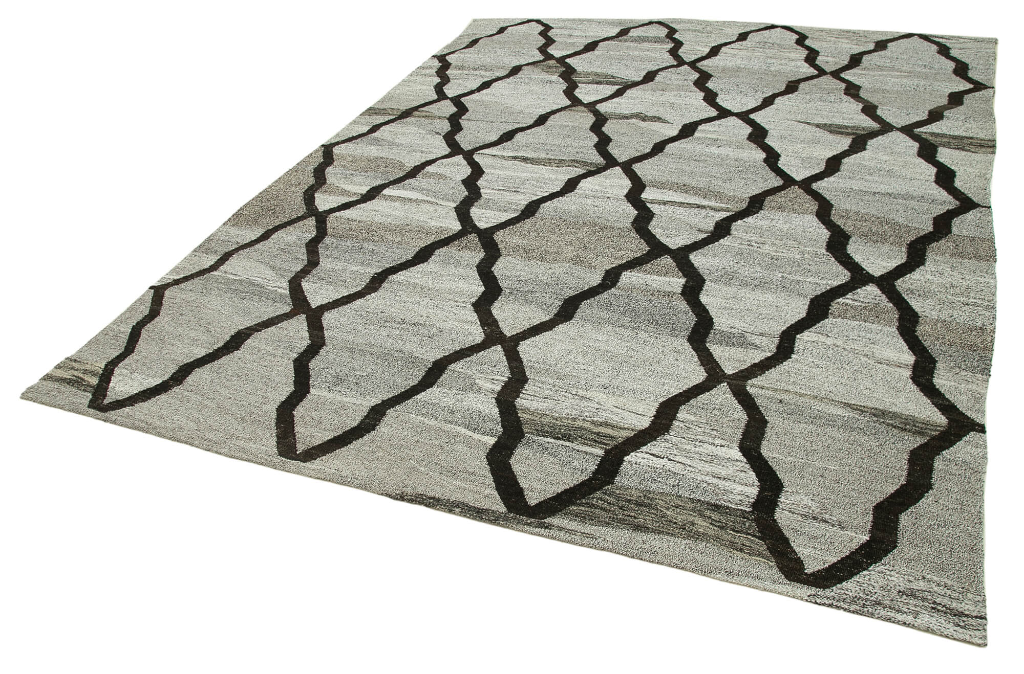 Handmade Area Rug - Grey Geometric Cotton Wool Vintage Handwoven Carpet 7'11" x 9'11"
