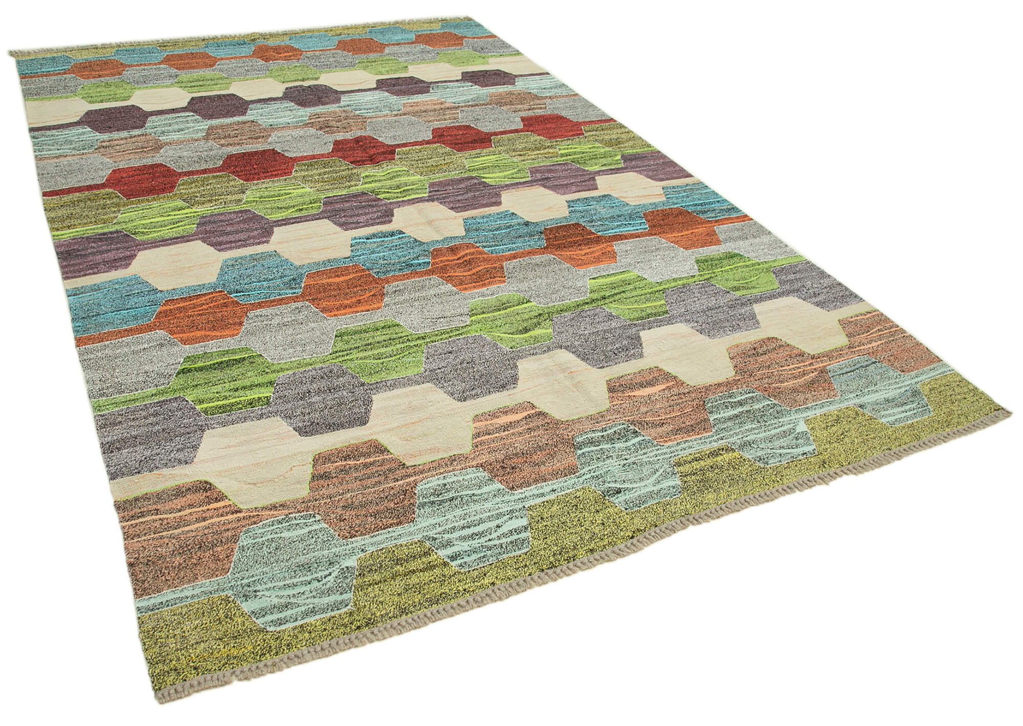 Handmade Area Rug - Yellow Geometric Vintage Wool Cotton Carpet 6'9"x10'2"