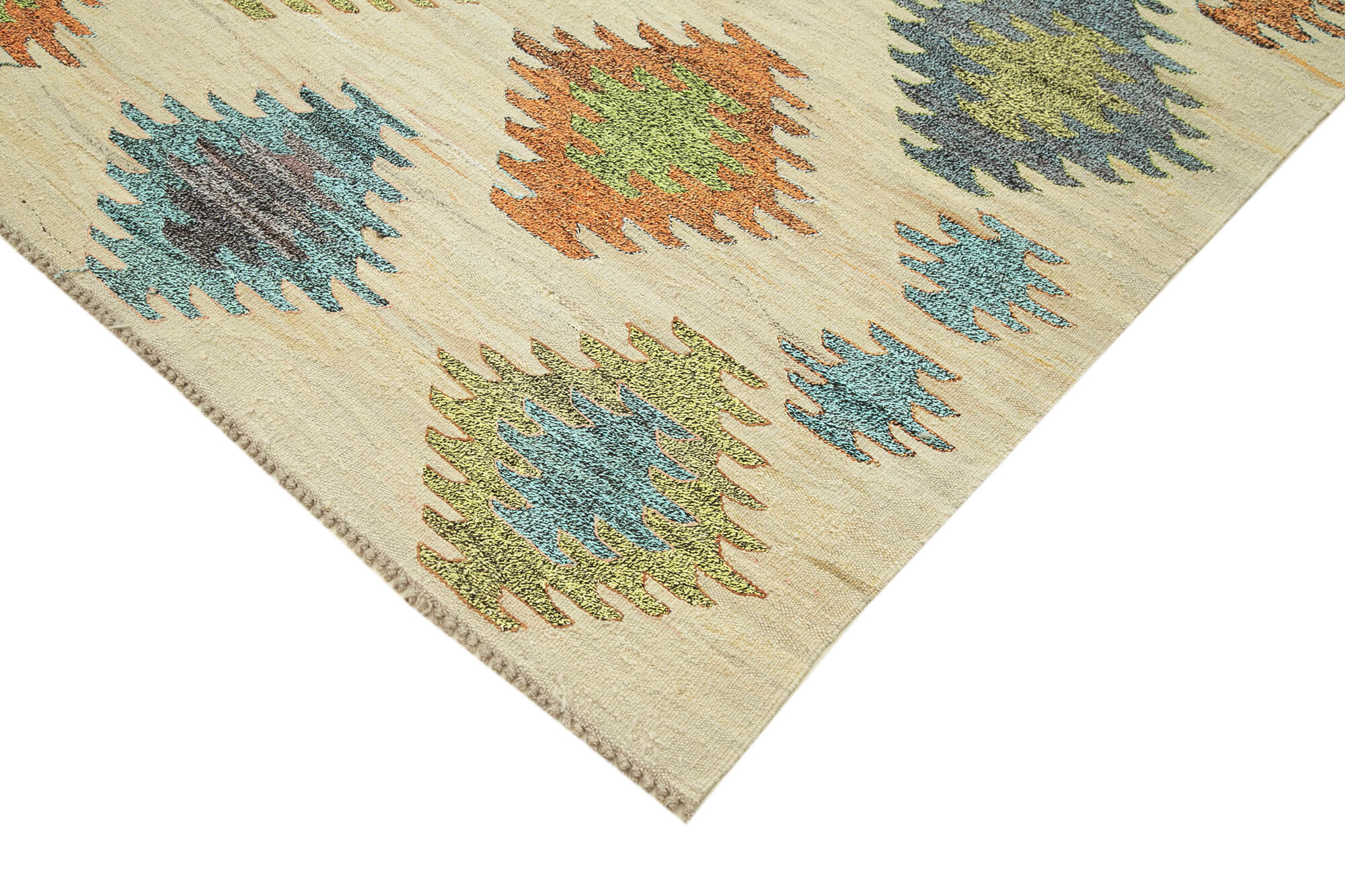 Handmade Area Rug – Green Geometric Cotton Wool Vintage Hand Knotted Carpet 7'11''x10'5''