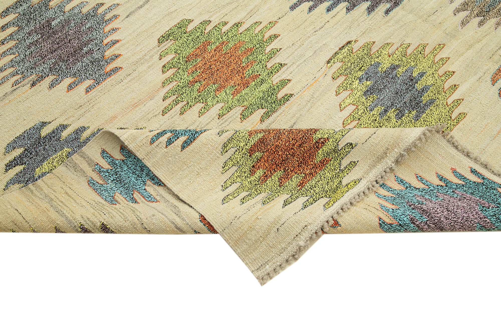 Handmade Area Rug – Green Geometric Cotton Wool Vintage Hand Knotted Carpet 7'11''x10'5''
