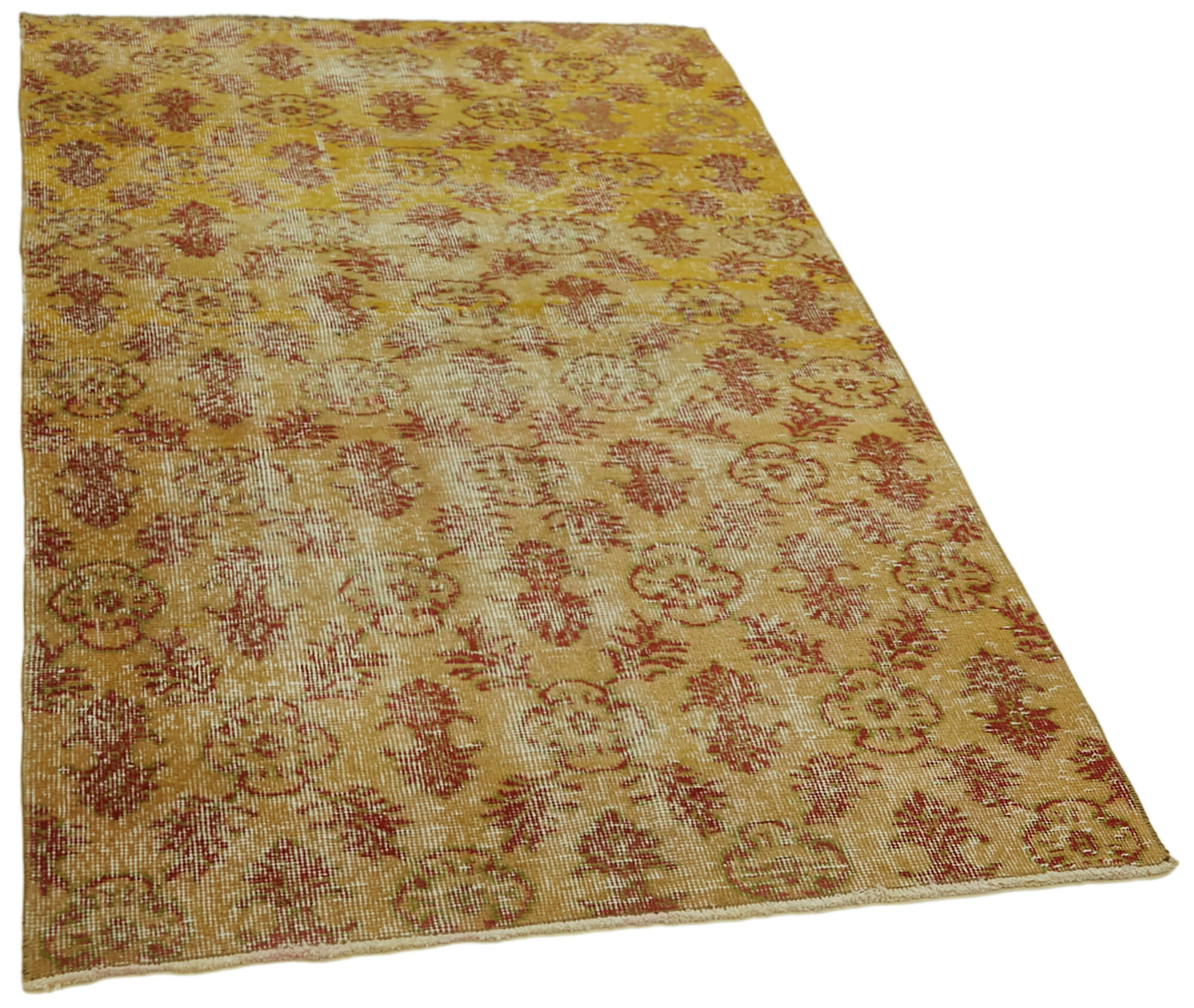 Vintage Area Rug – Hand Woven Overdyed Yellow Cotton Wool Carpet 3'7''x6'4''