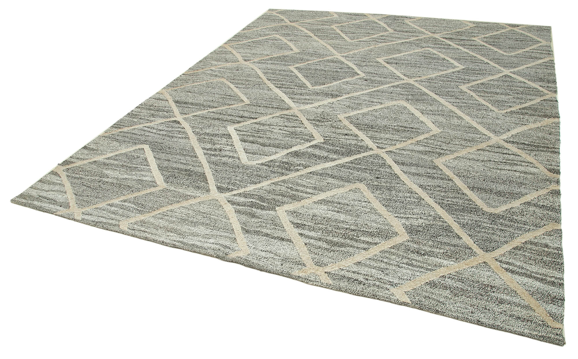 Handmade Area Rug - Vintage Grey Geometric Cotton Wool Carpet 7'10''x9'10''