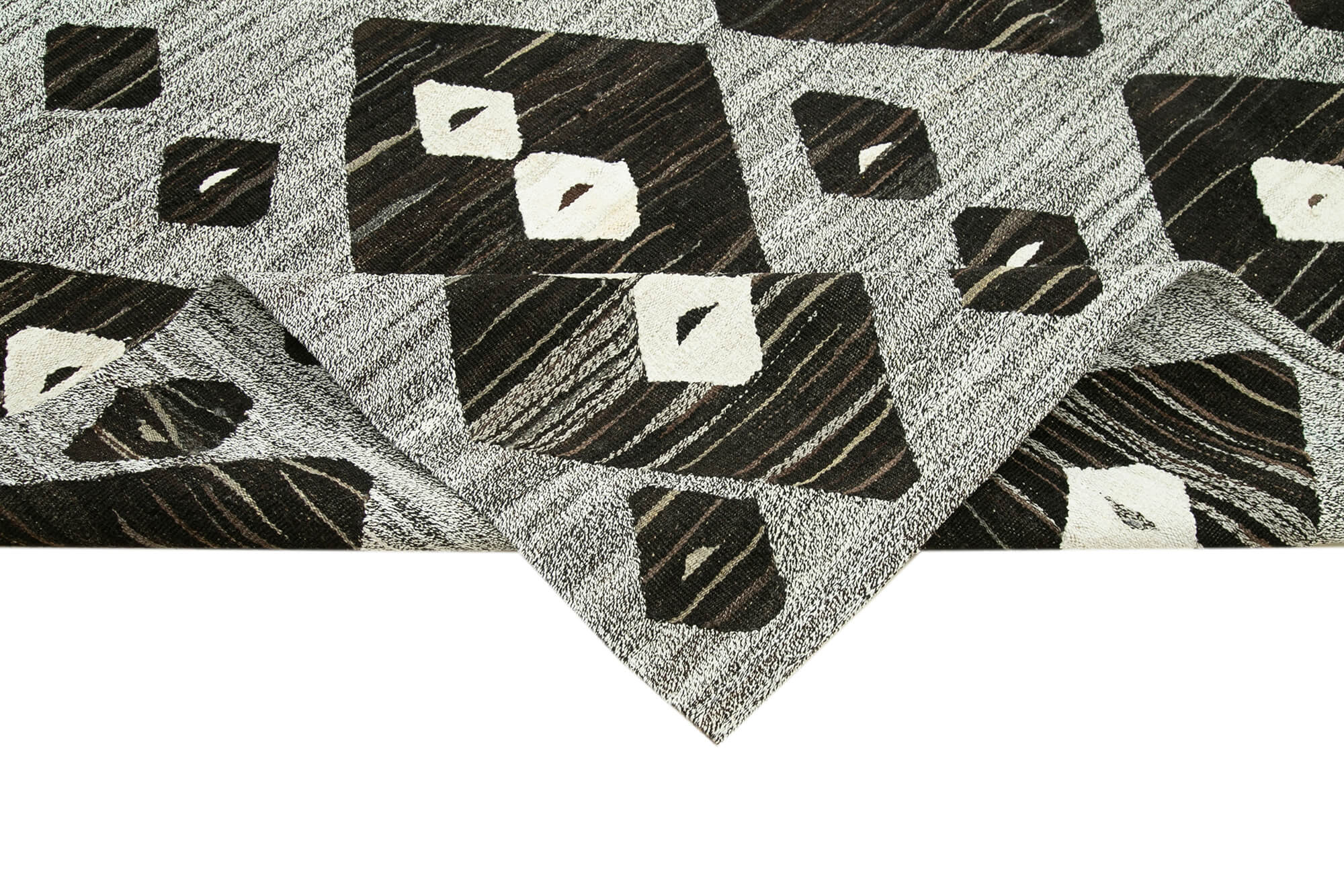 Handmade Wool Area Rug – Black Geometric Cotton Wool Rug 8'x10'4'' | Turkish Vintage