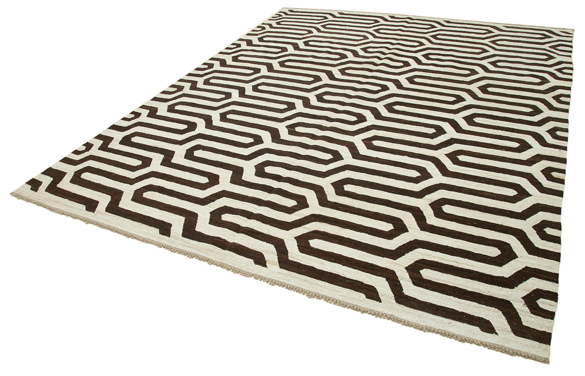 Handmade Area Rug - Geometric Brown Cotton Wool Vintage Turkish Carpet 8x10