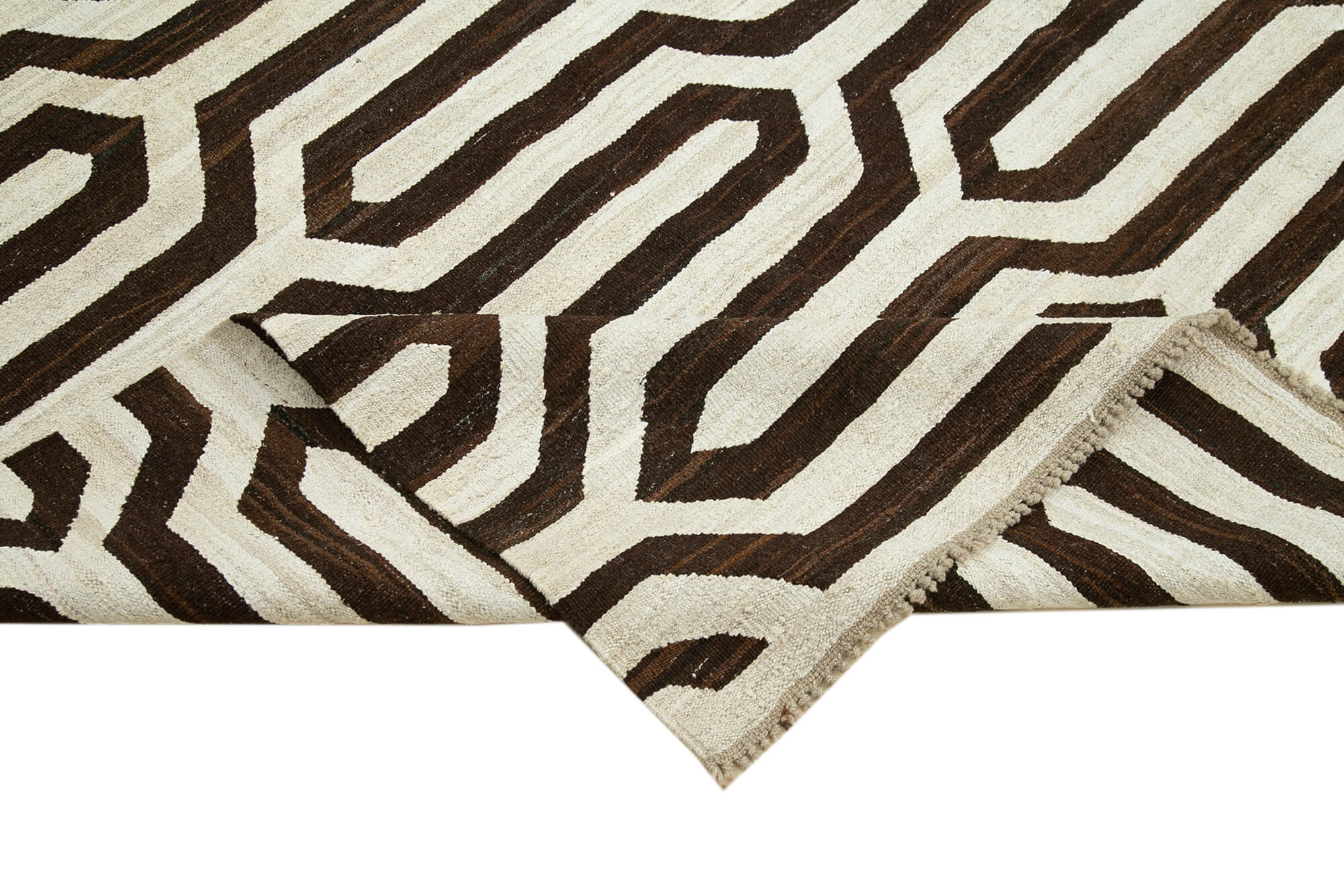 Handmade Area Rug - Geometric Brown Cotton Wool Vintage Turkish Carpet 8x10