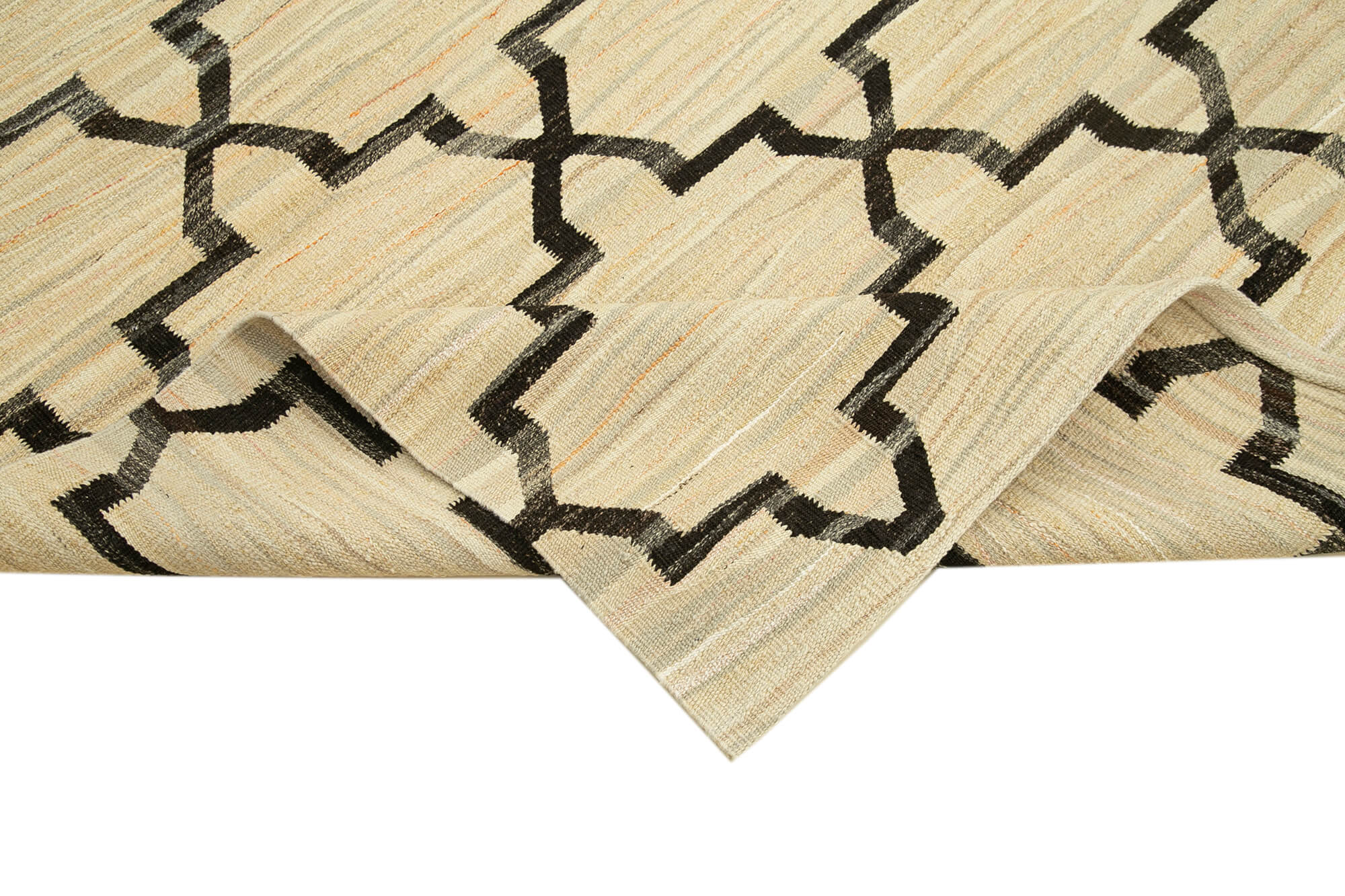 Handmade Area Rug - Black Geometric Cotton Wool Vintage Hand Woven Carpet 7'11" x 10'