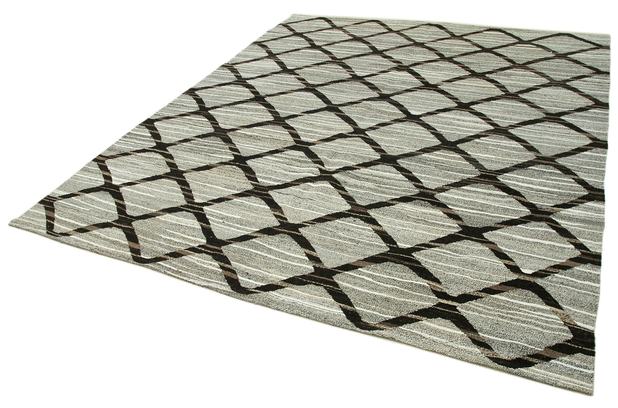 Handmade Wool Area Rug - Scrap Grey Geometric Cotton Wool Rug 8'x10' by Agacan