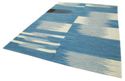 Handmade Area Rug – Blue Geometric Cotton Wool Vintage Handwoven Carpet 7'4''x10'2''
