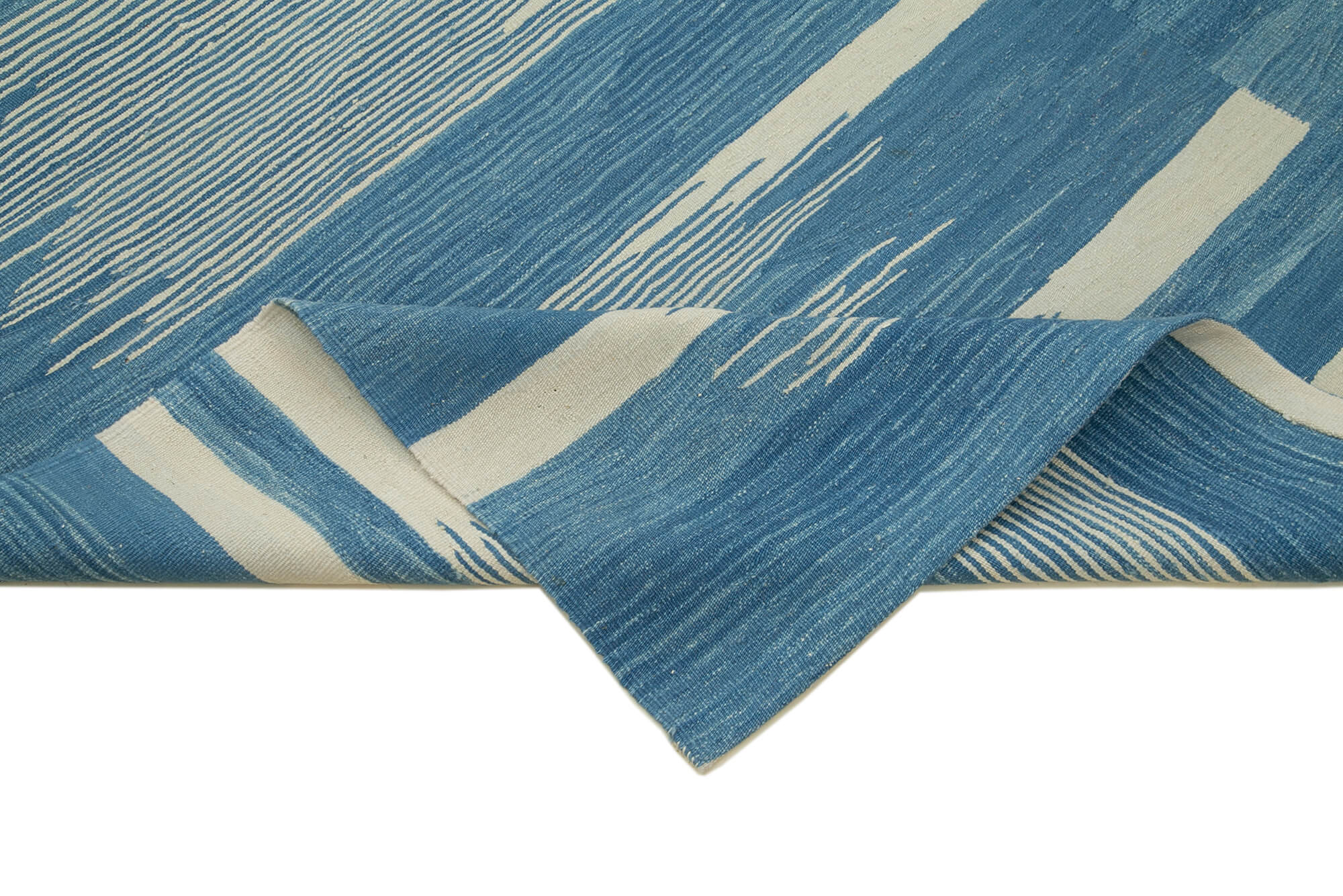 Handmade Area Rug - Blue Geometric Cotton Wool Vintage Handwoven Carpet 7'3'' x 10'1''