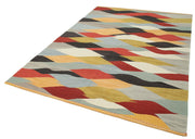 Handmade Area Rug - Blue Geometric Cotton Wool Vintage Handwoven Carpet 6'8" x 9'11"
