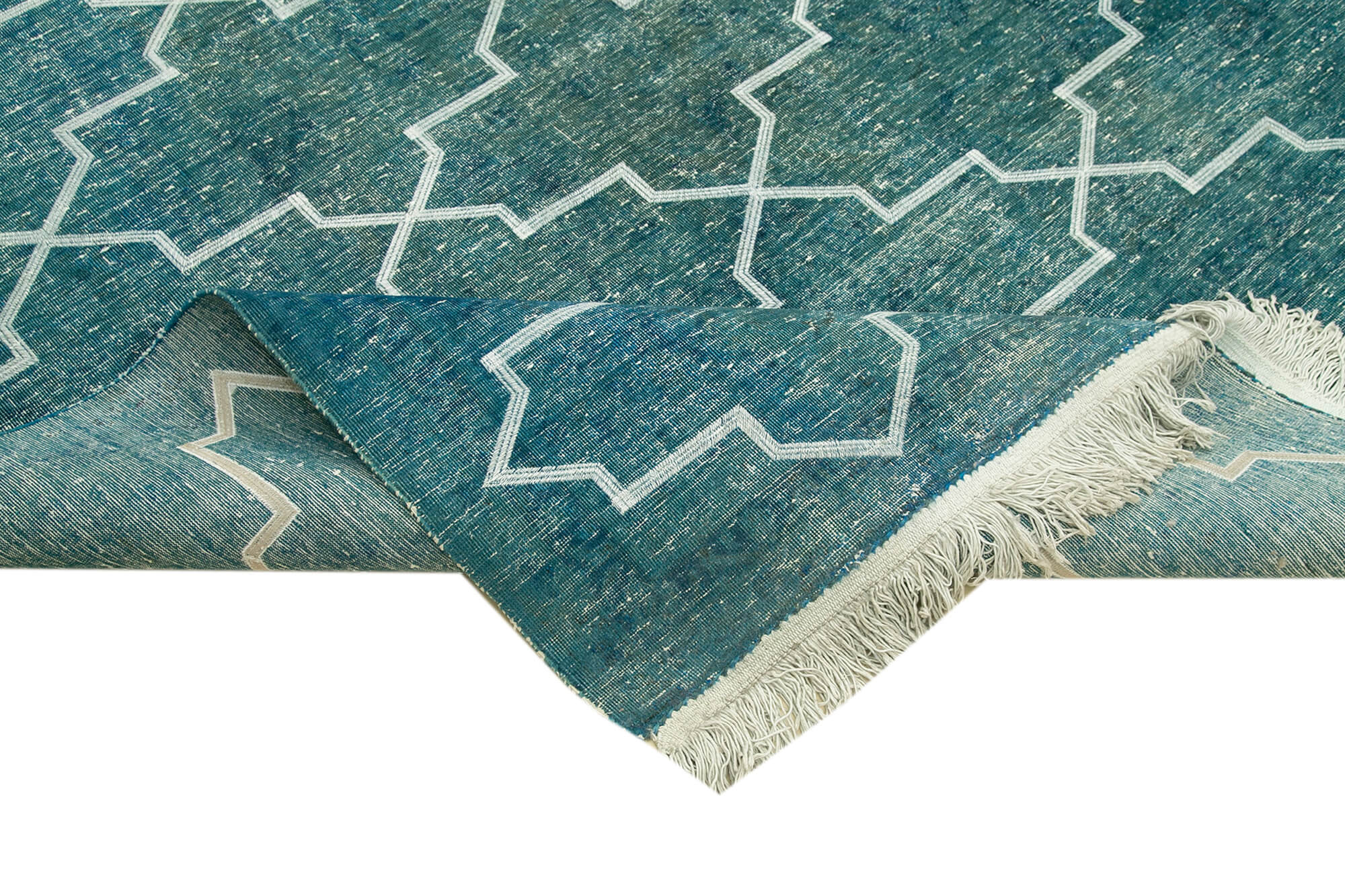 Handmade Geometric Rug – Turquoise Area Rug With Cotton Wool Carpet, 9'11''x13'5''