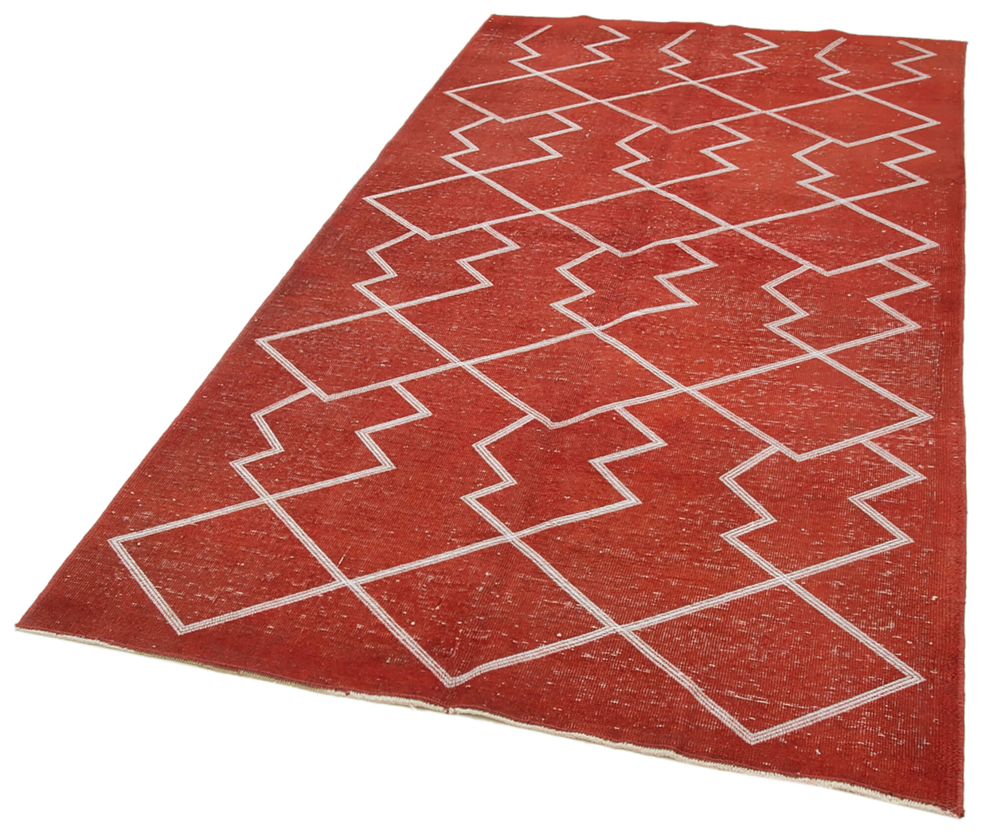 Handmade Geometric Rug – Red Wool Cotton Carpet, Vintage Turkish Area Rug 4'5''x7'10''