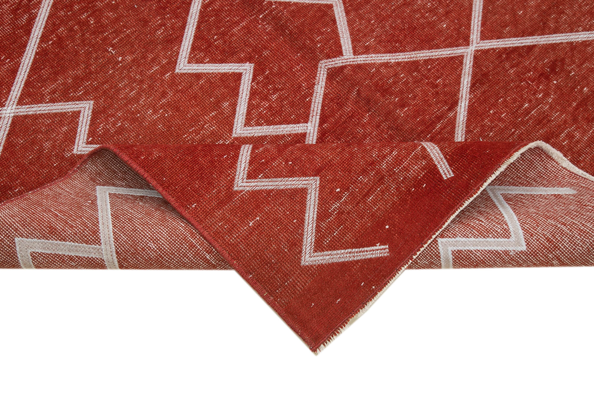 Handmade Geometric Rug – Red Wool Cotton Carpet, Vintage Turkish Area Rug 4'5''x7'10''