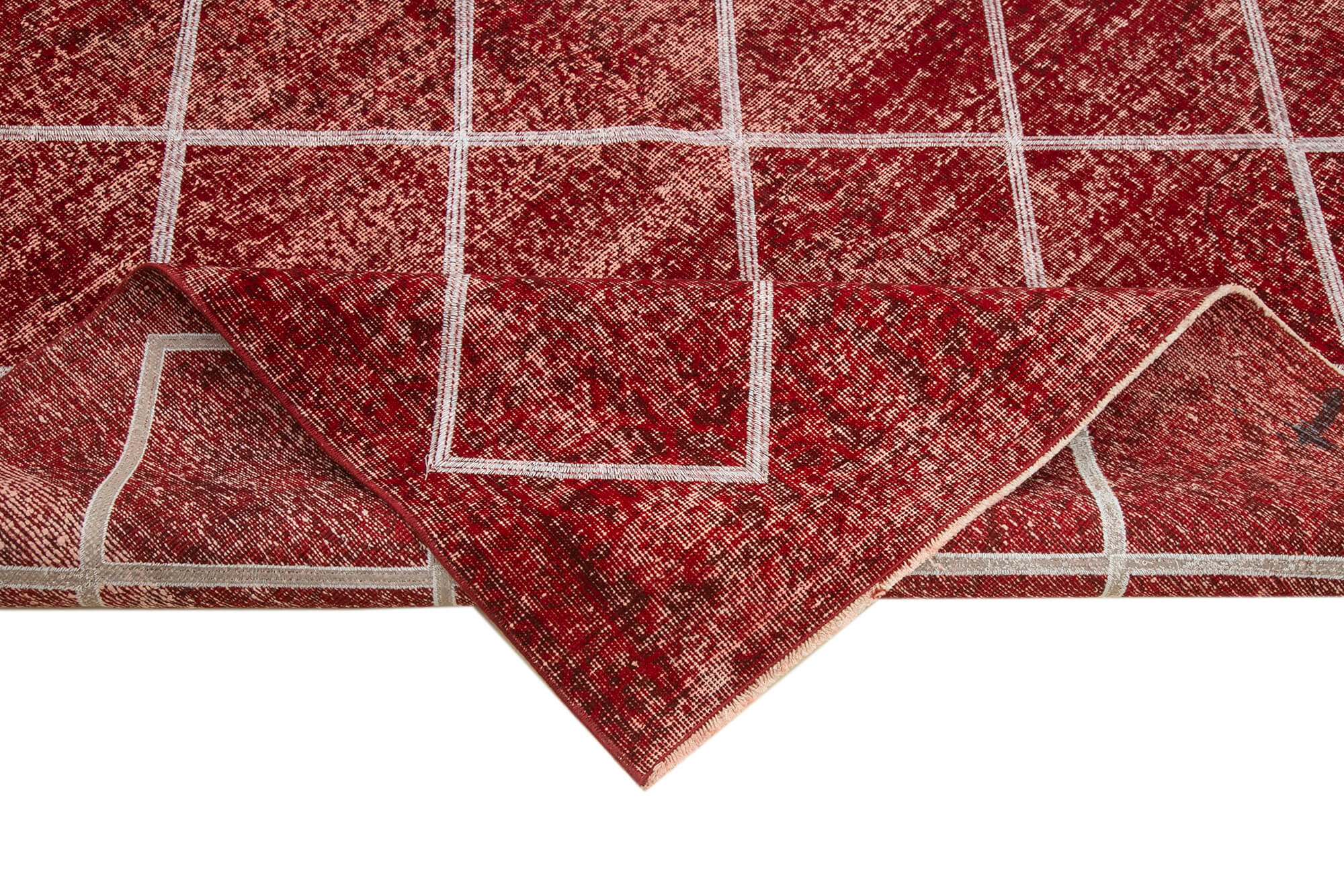 Handmade Area Rug - Red Geometric Cotton Wool Carpet 6'8'' x 10'0'' Durable Floor Covering