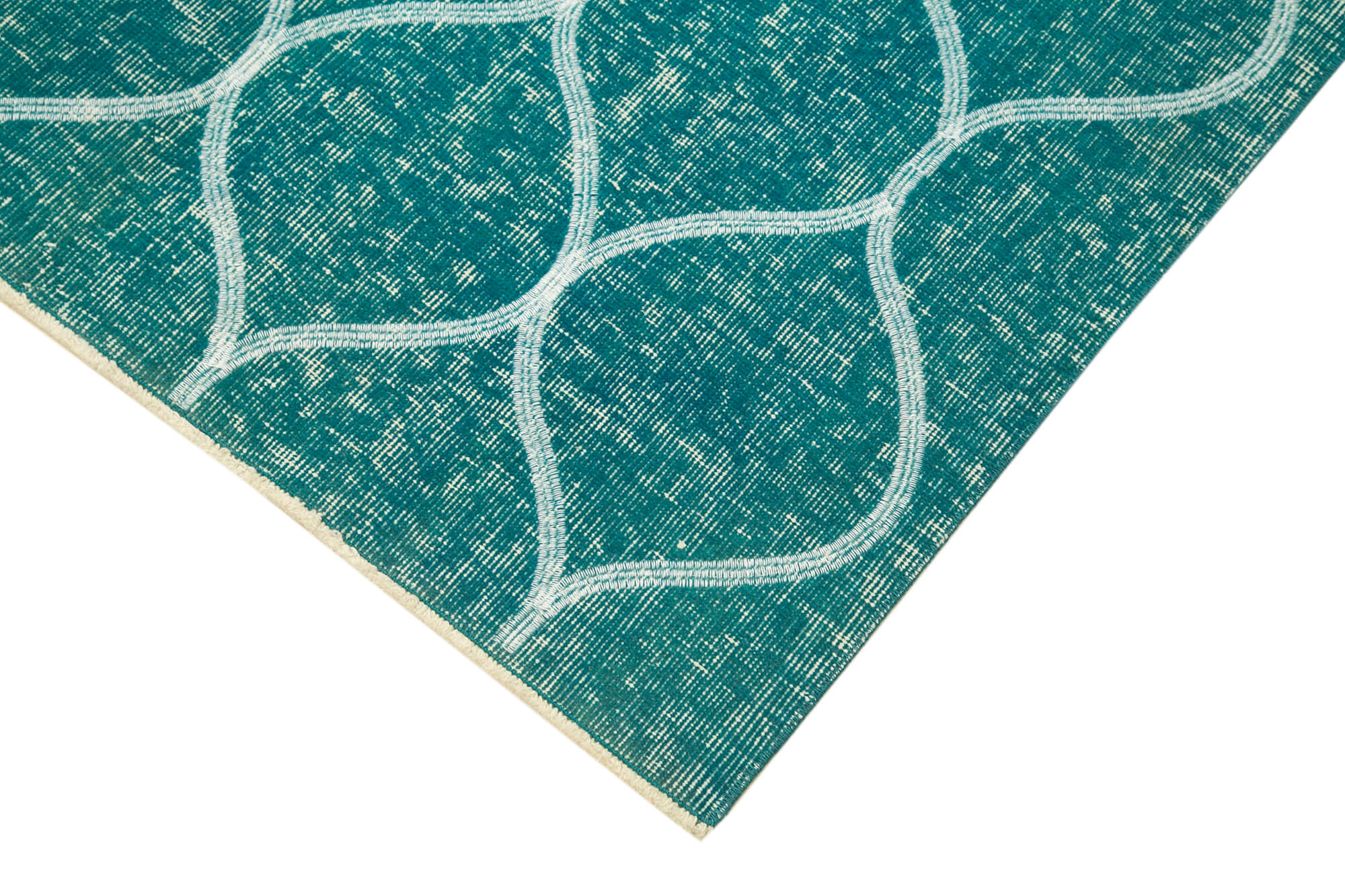 Handmade Area Rug - Turquoise Geometric Cotton Wool Vintage Turkish Carpet 3'6''x6'7''