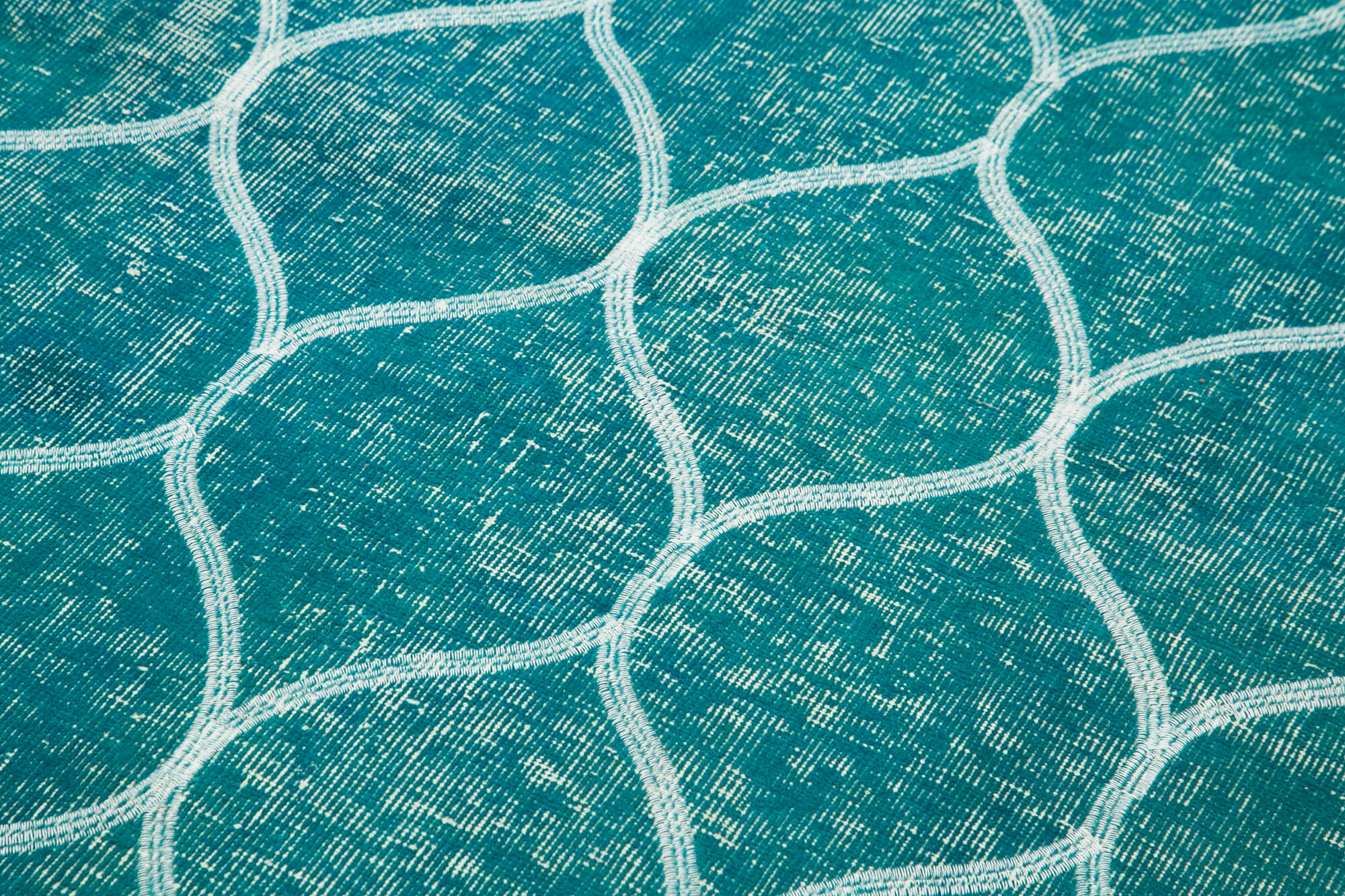 Handmade Area Rug - Turquoise Geometric Cotton Wool Vintage Turkish Carpet 3'6''x6'7''