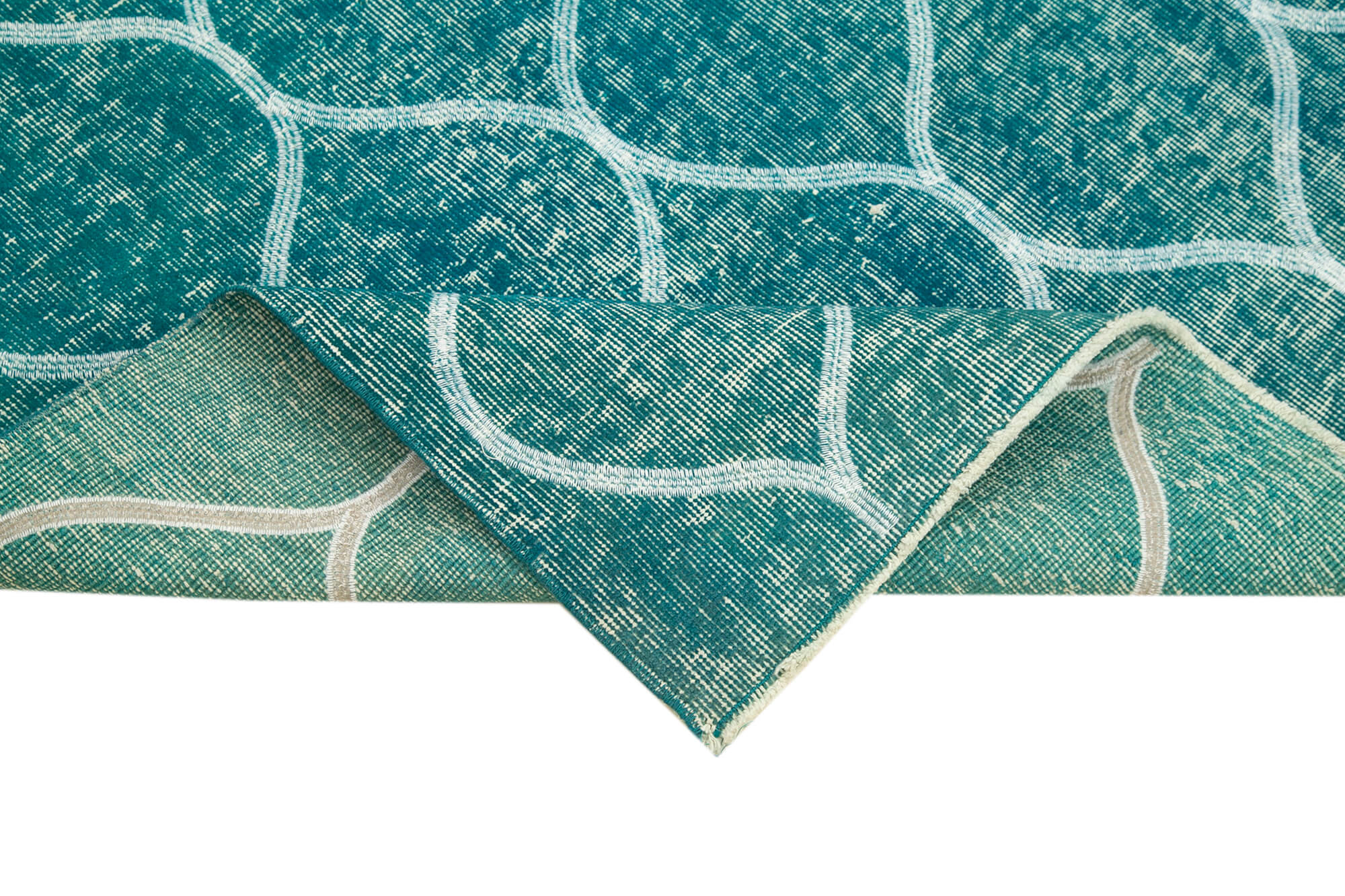 Handmade Area Rug - Turquoise Geometric Cotton Wool Vintage Turkish Carpet 3'6''x6'7''