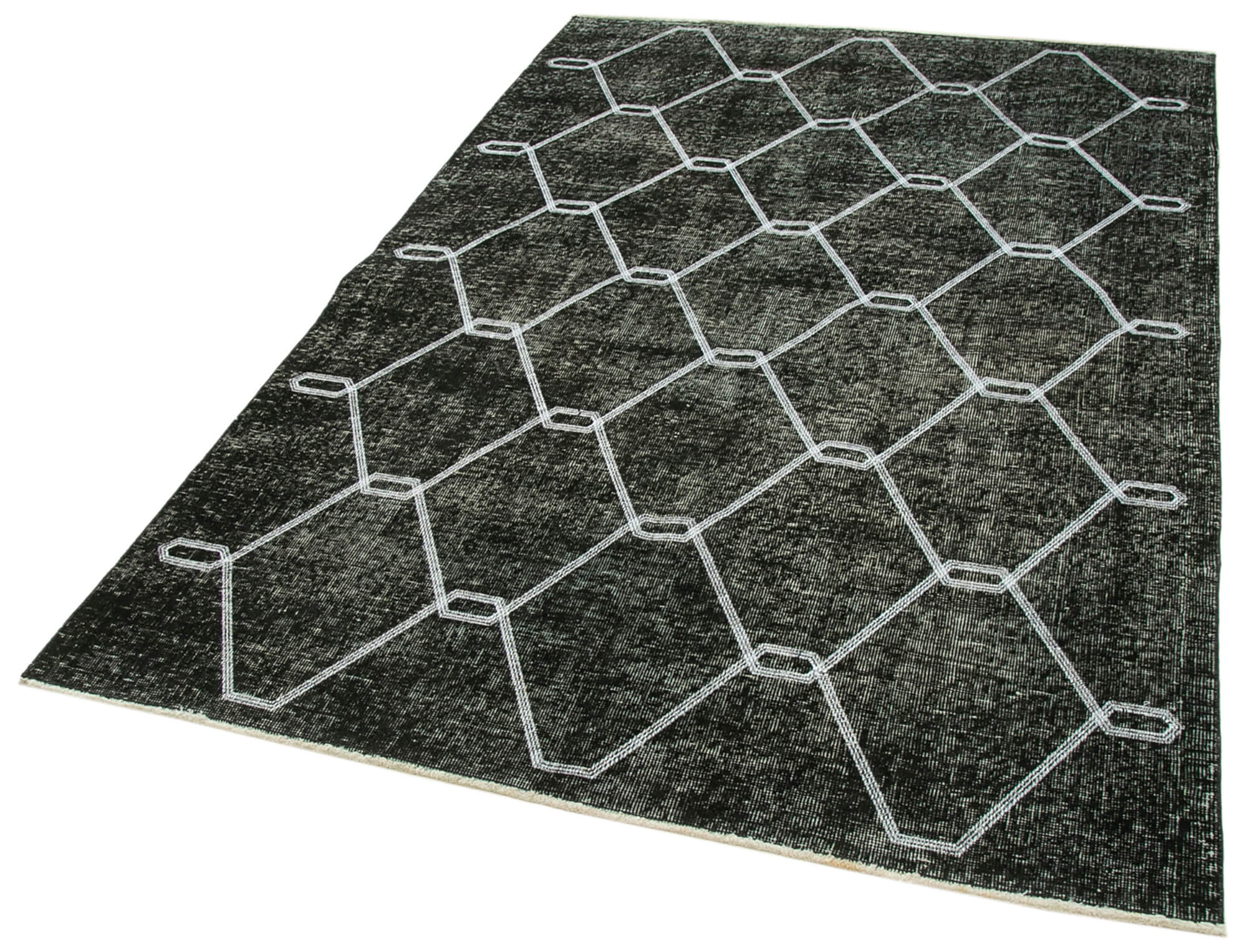 Handmade Geometric Rug - Black Cotton Wool Carpet 4'8''x6'11'' | Vintage Handwoven Area Rug