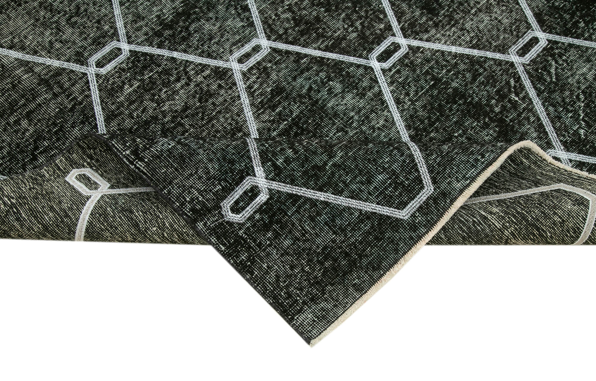 Handmade Geometric Rug - Black Cotton Wool Carpet 4'8''x6'11'' | Vintage Handwoven Area Rug