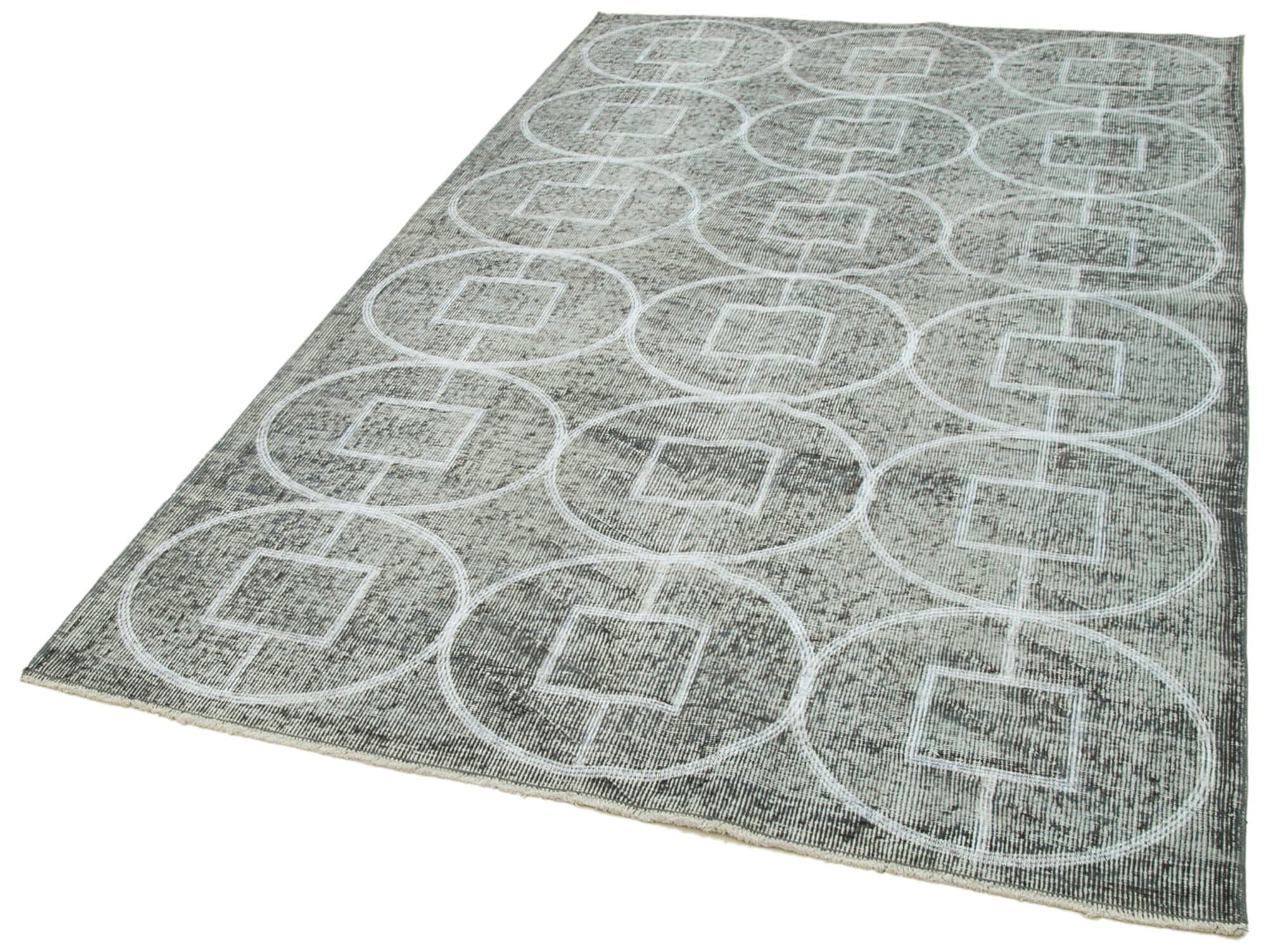 Handmade Wool Area Rug - Grey Geometric Turkish Vintage Carpet 5'0''x8'1''