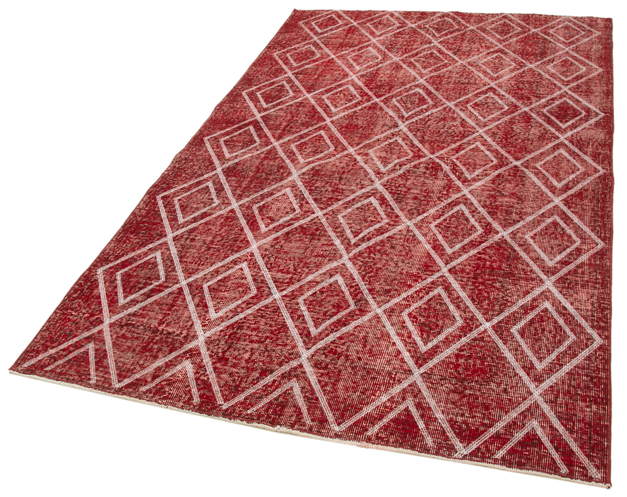 Handmade Wool Area Rug – Red Wool Carpet with Geometric Cotton Design 4'11''x8'8''