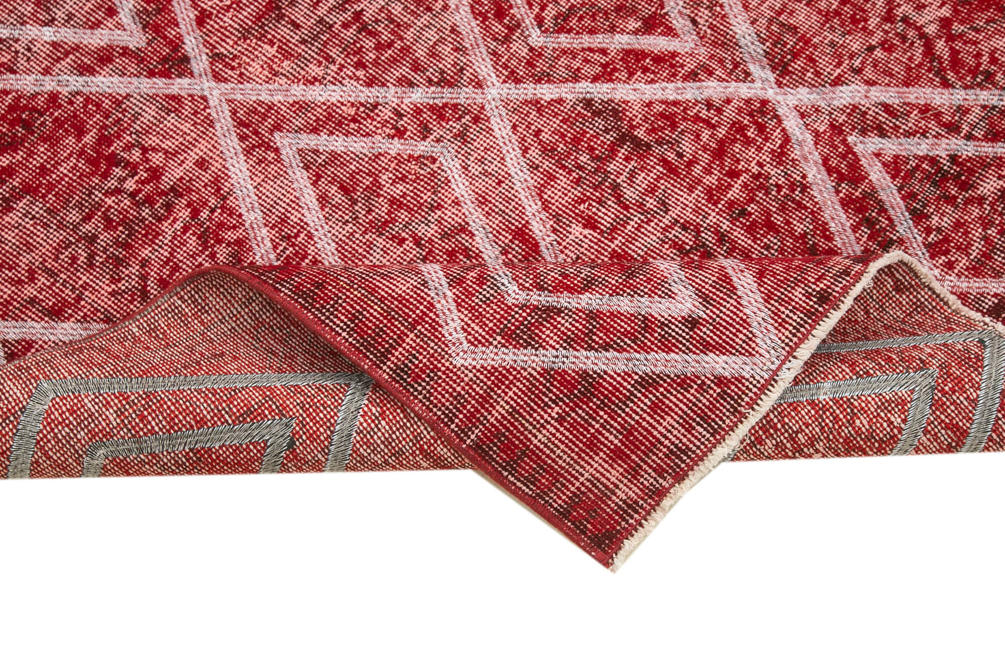 Handmade Wool Area Rug – Red Wool Carpet with Geometric Cotton Design 4'11''x8'8''