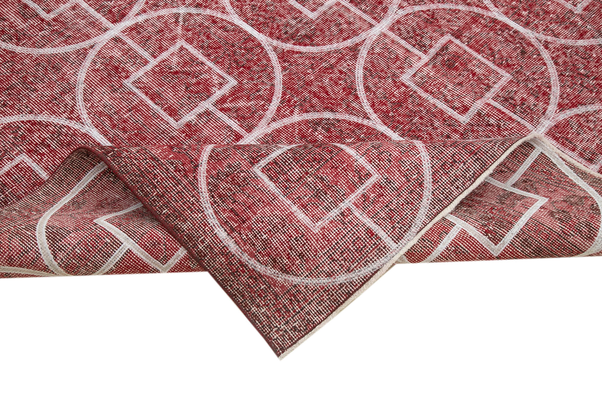 Handmade Wool Area Rug - Red Geometric Cotton Wool Blend Carpet 6'11"x10'7"