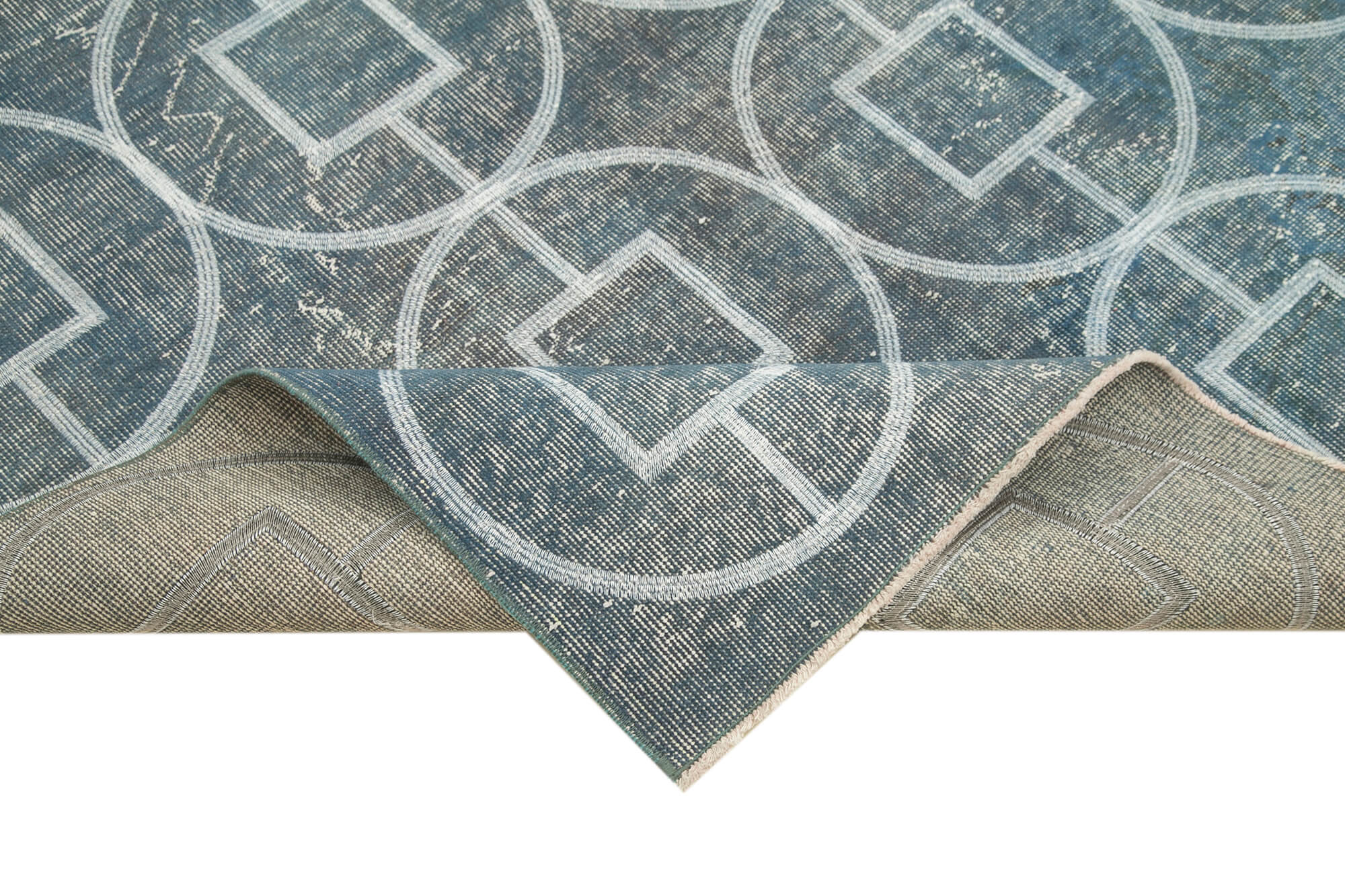 Handmade Geometric Rug – Blue Area Rug Cotton Wool Carpet 5'5''x9'8''