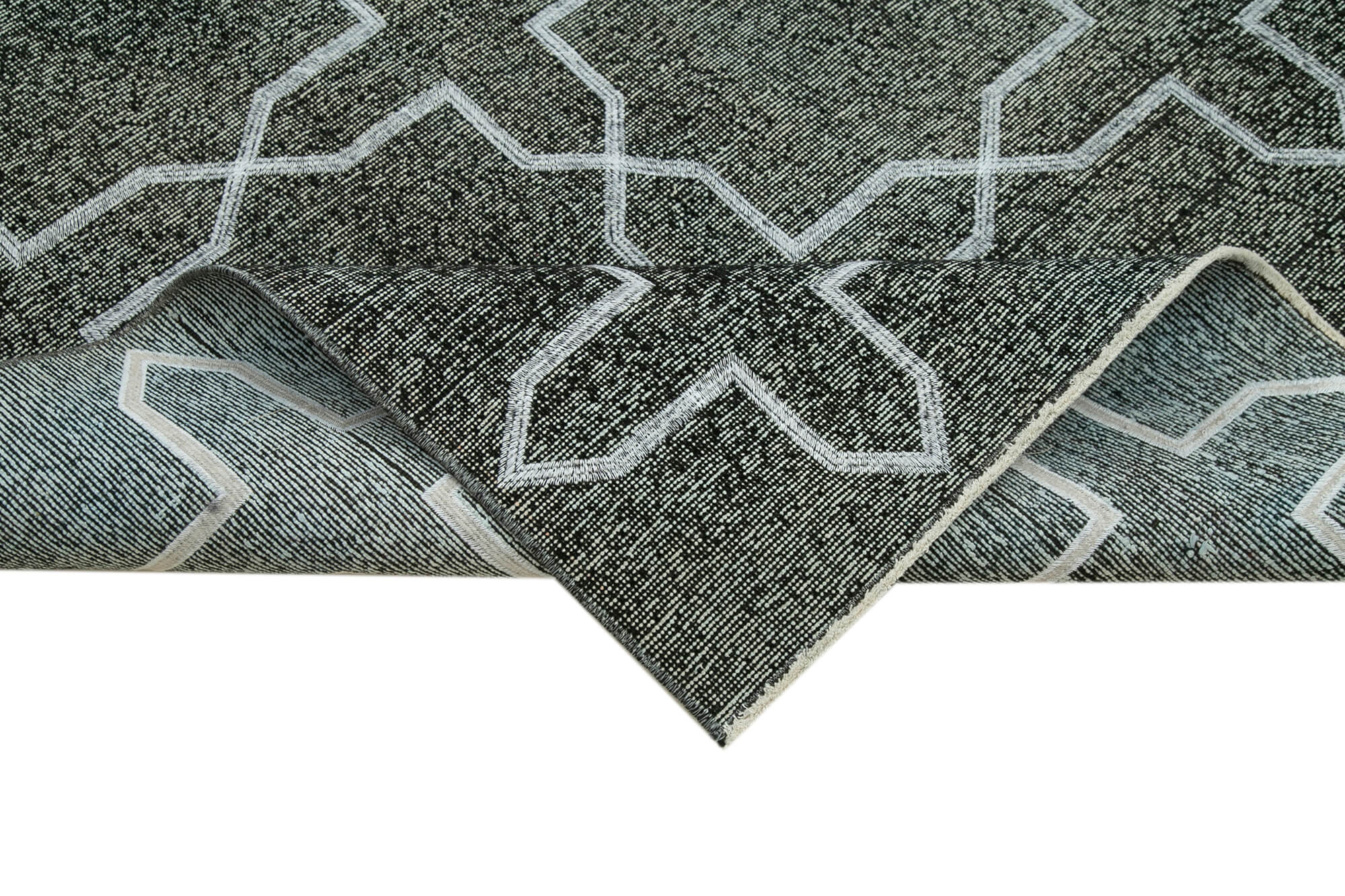 Handmade Geometric Rug - Black Area Rug Cotton Wool Blend 4'7''x13'5'' Durable Soft Wool Floor Covering