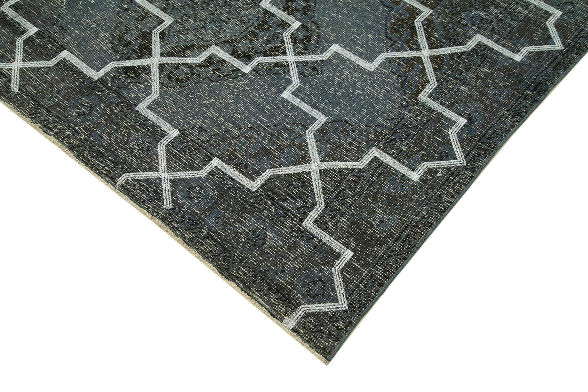 Handmade Wool Area Rug - Grey Geometric Carpet | Cotton Wool Carpet 4'9''x12'3''