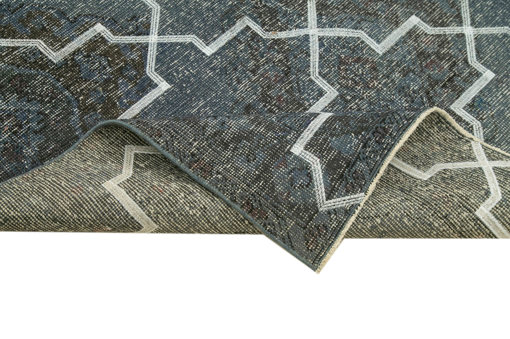 Handmade Wool Area Rug - Grey Geometric Carpet | Cotton Wool Carpet 4'9''x12'3''