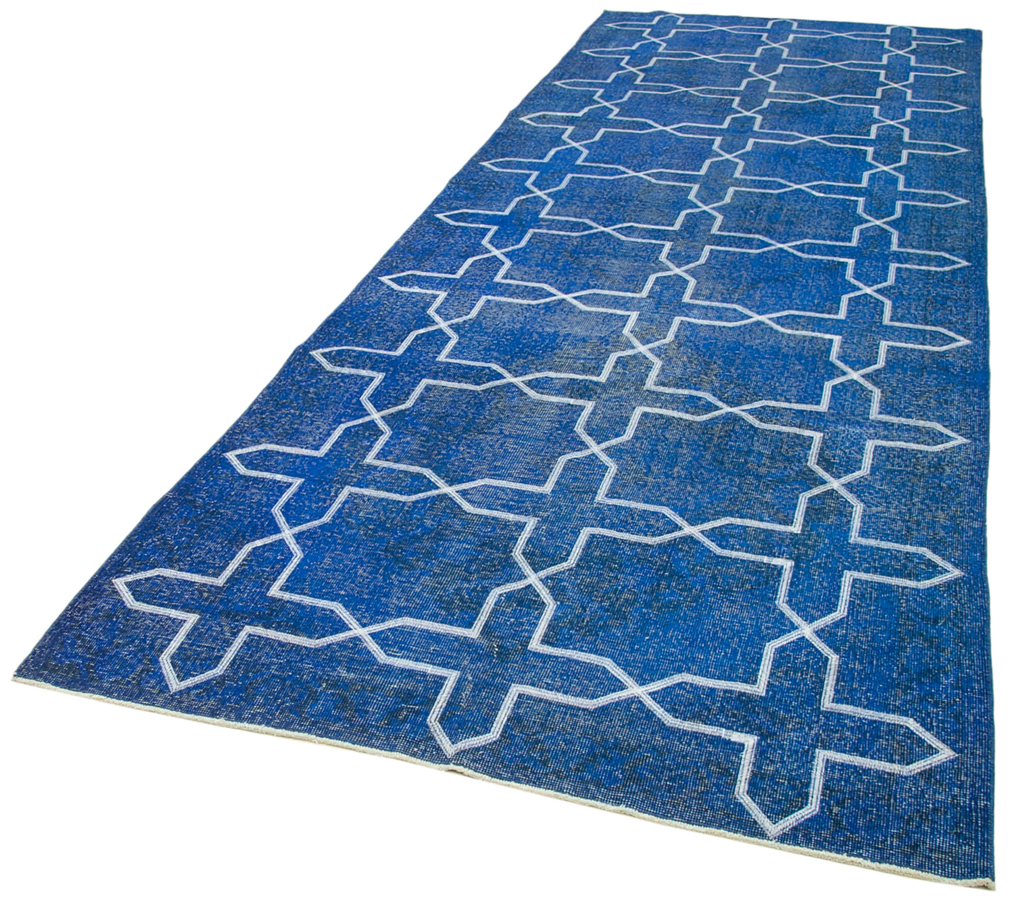 Handmade Wool Area Rug - Blue Geometric Rug with Soft Wool Texture, Durable Cotton Carpet 4'9''x13'2''